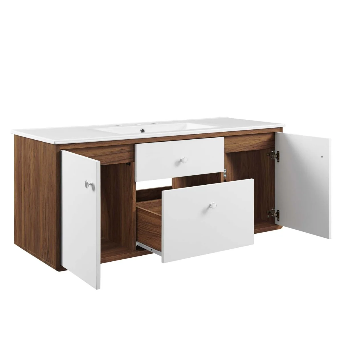 Mid-Century Wall-Mount Bathroom Vanity with Modern Integrated Sink Design & Storage - Image 38