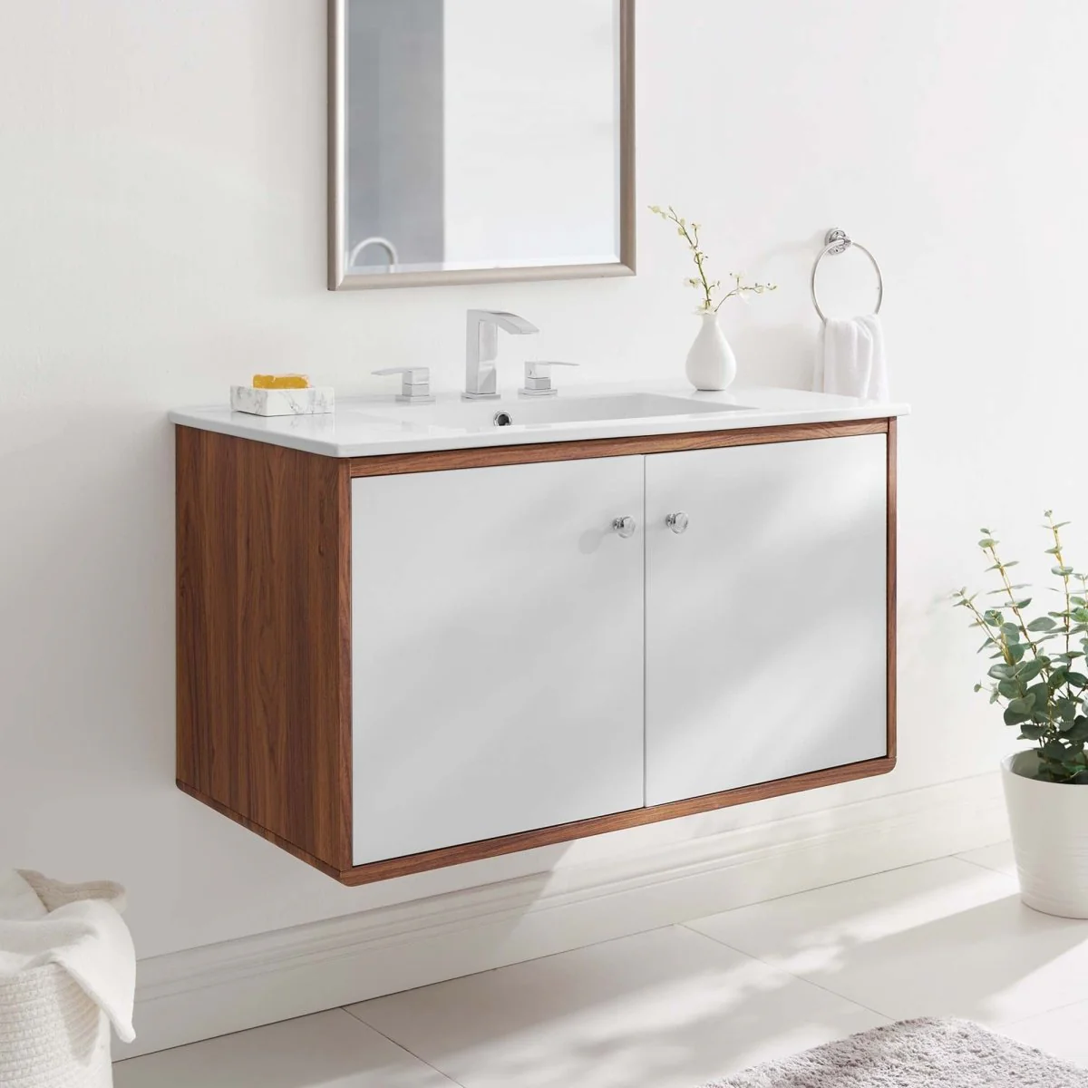 Mid-Century Wall-Mount Bathroom Vanity with Modern Integrated Sink Design & Storage - Image 50
