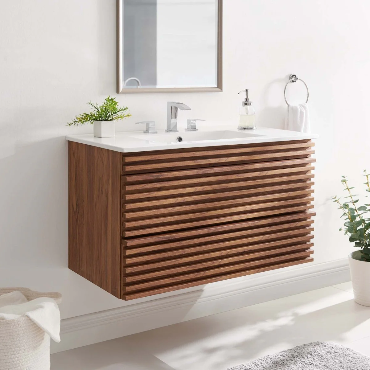 Mid-Century Wall-Mount Bathroom Vanity with Sink, Floating Modern Design - Image 141