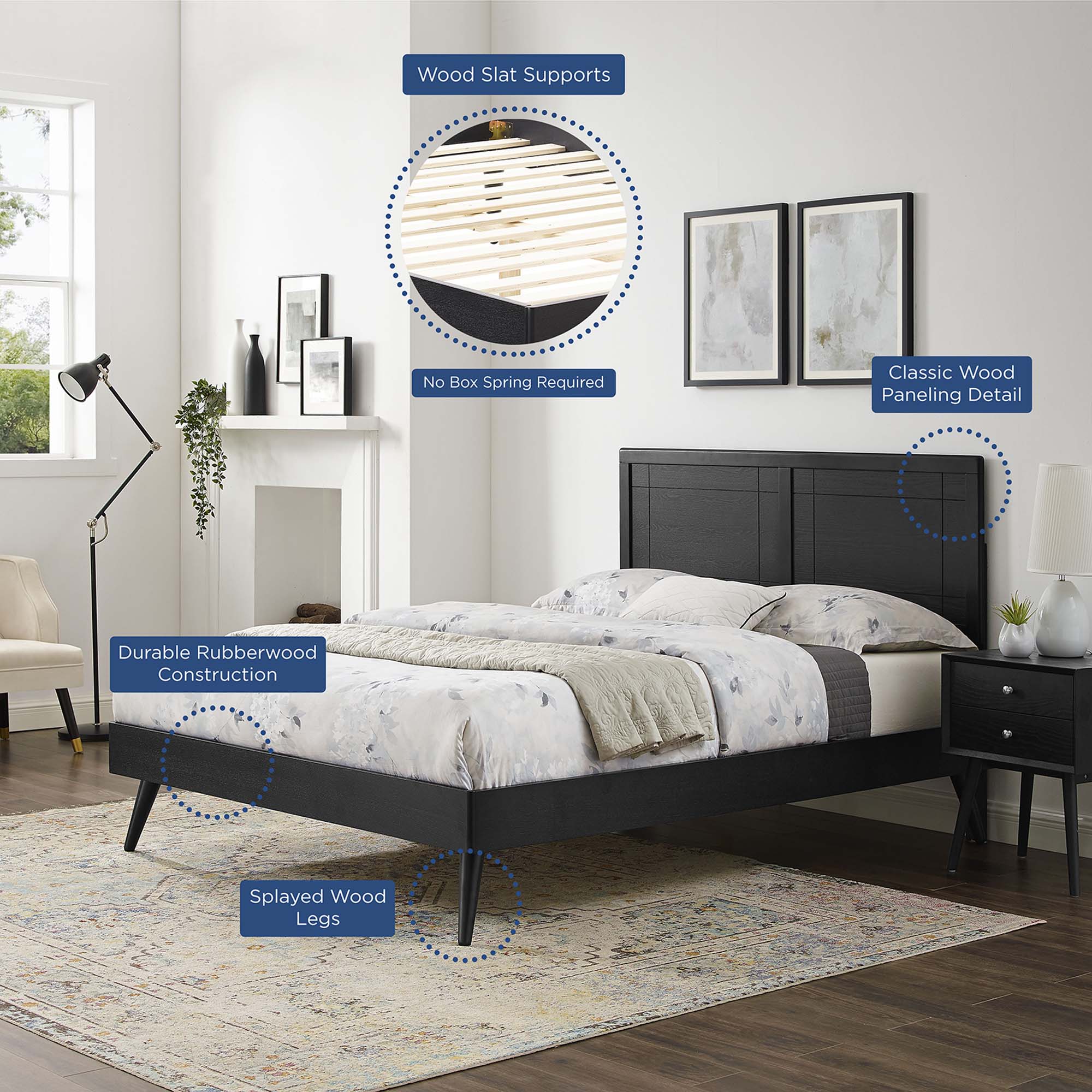 Mid-Century Wood Platform Bed with Window Pane Headboard - Image 17