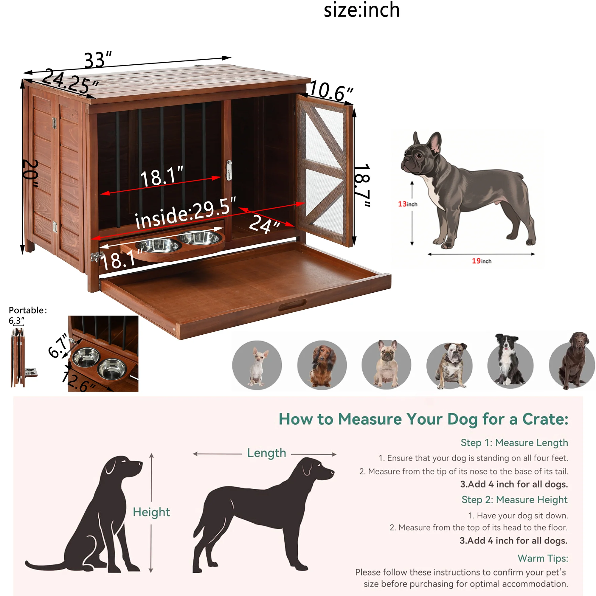 Milo Portable Solid Wood Foldable Dog Crate with 360° Swivel Feeder and End Table Top - Image 26