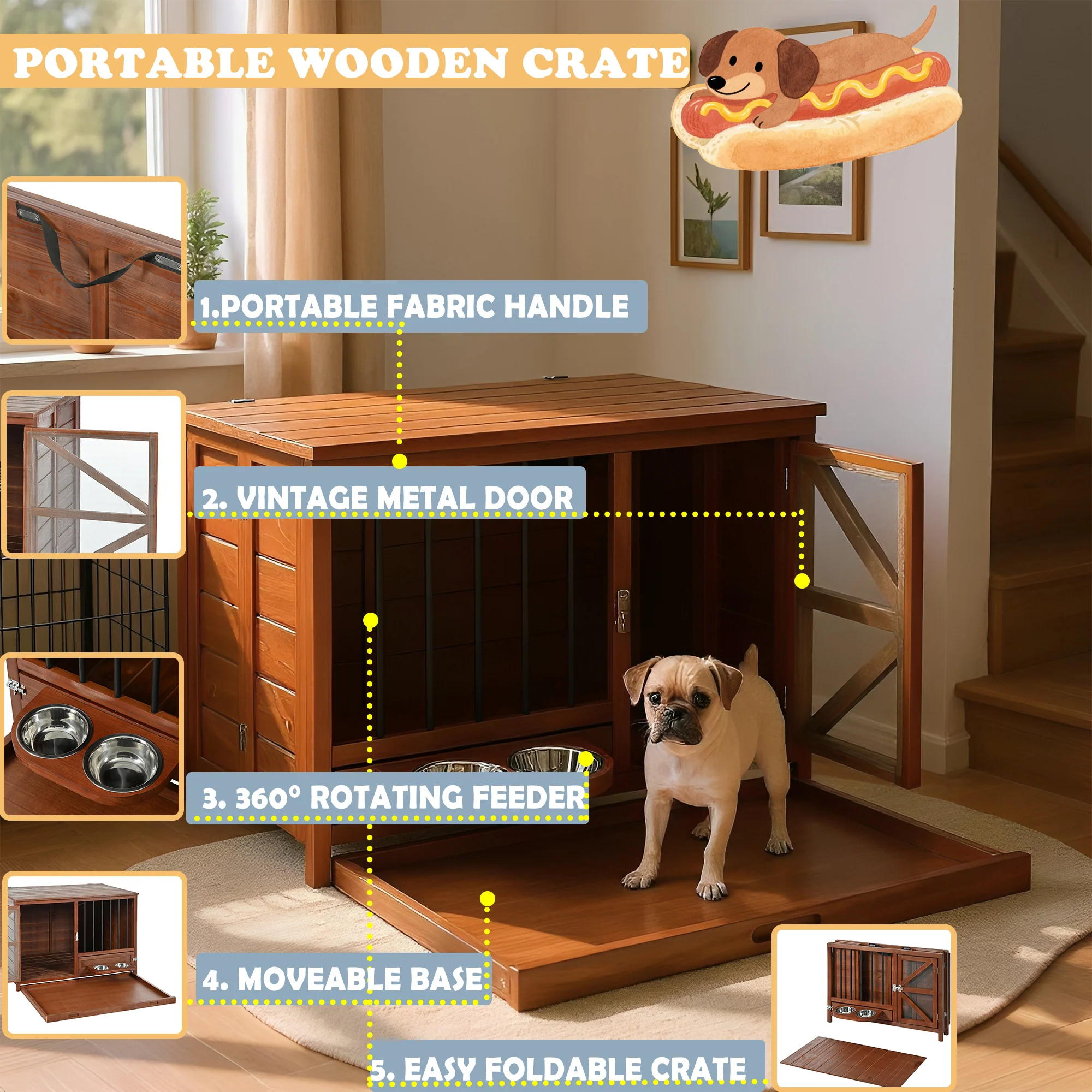 Milo Portable Solid Wood Foldable Dog Crate with 360° Swivel Feeder and End Table Top - Image 27
