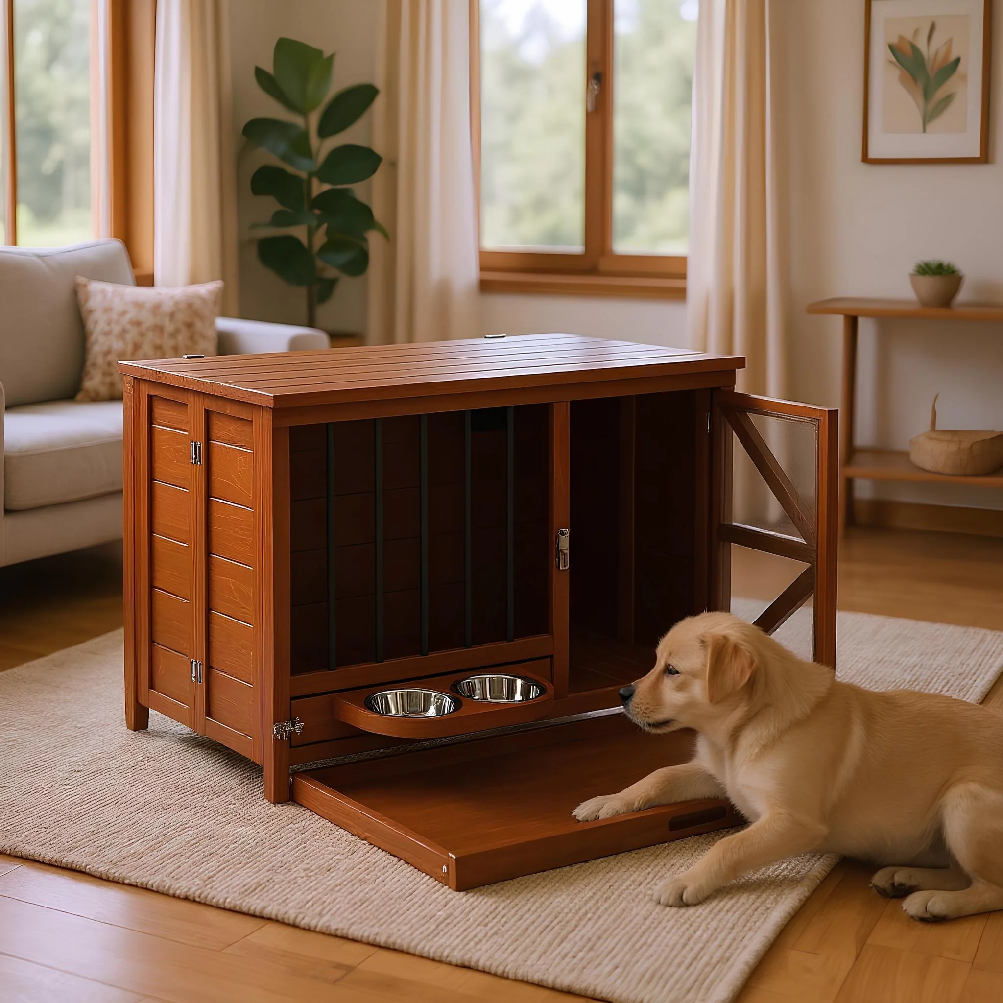 Milo Portable Solid Wood Foldable Dog Crate with 360° Swivel Feeder and End Table Top - Image 40