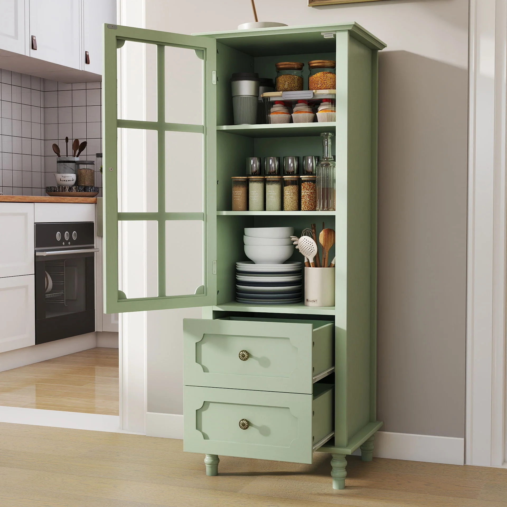 Minimalism Buffet Cabinet With Glass Doors And Double Drawer - Image 11
