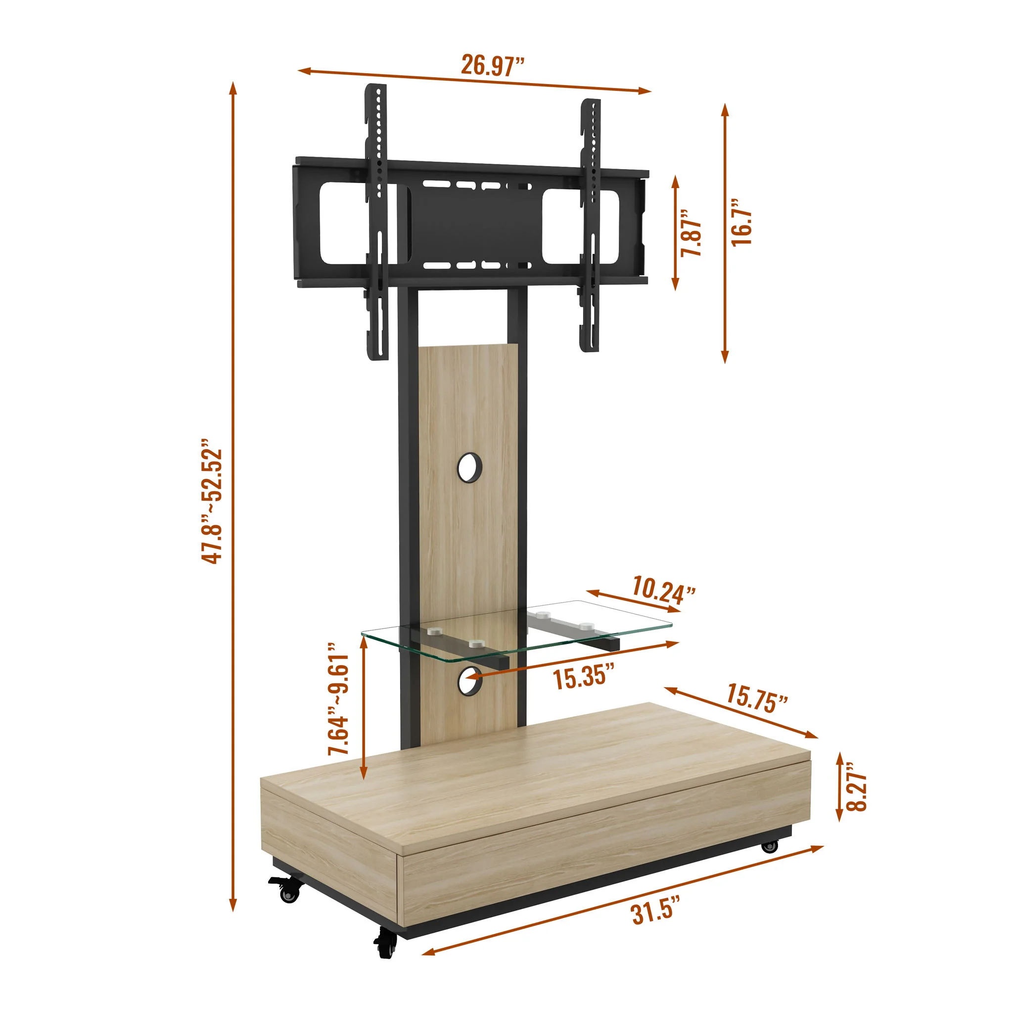 Mobile TV Cart With Push Pull Drawer, Lockable Wheels - Image 10