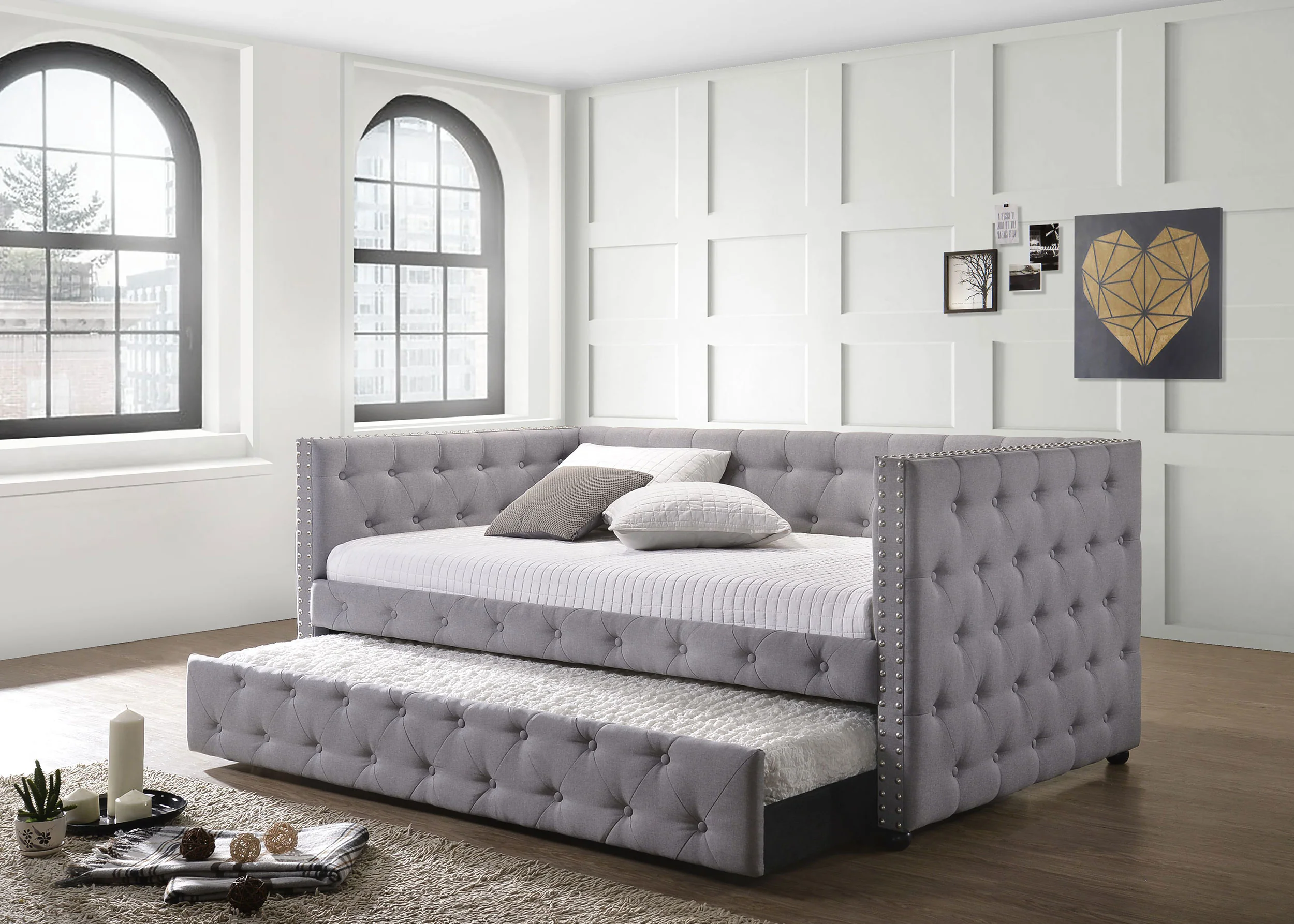 Mockern Upholstered Twin Daybed with Trundle, Grey - Image 3