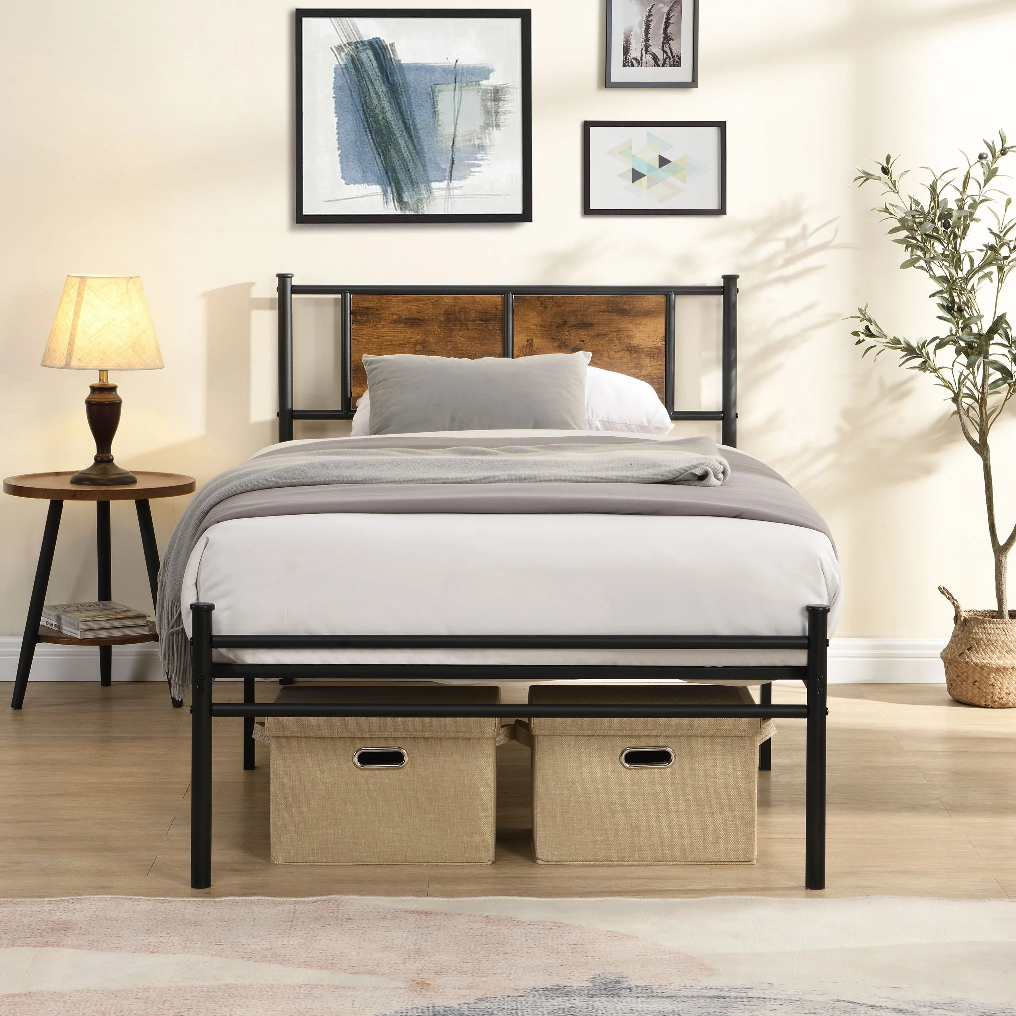 ModerMetal Bedframe With Wood Panel Headboard - Image 3