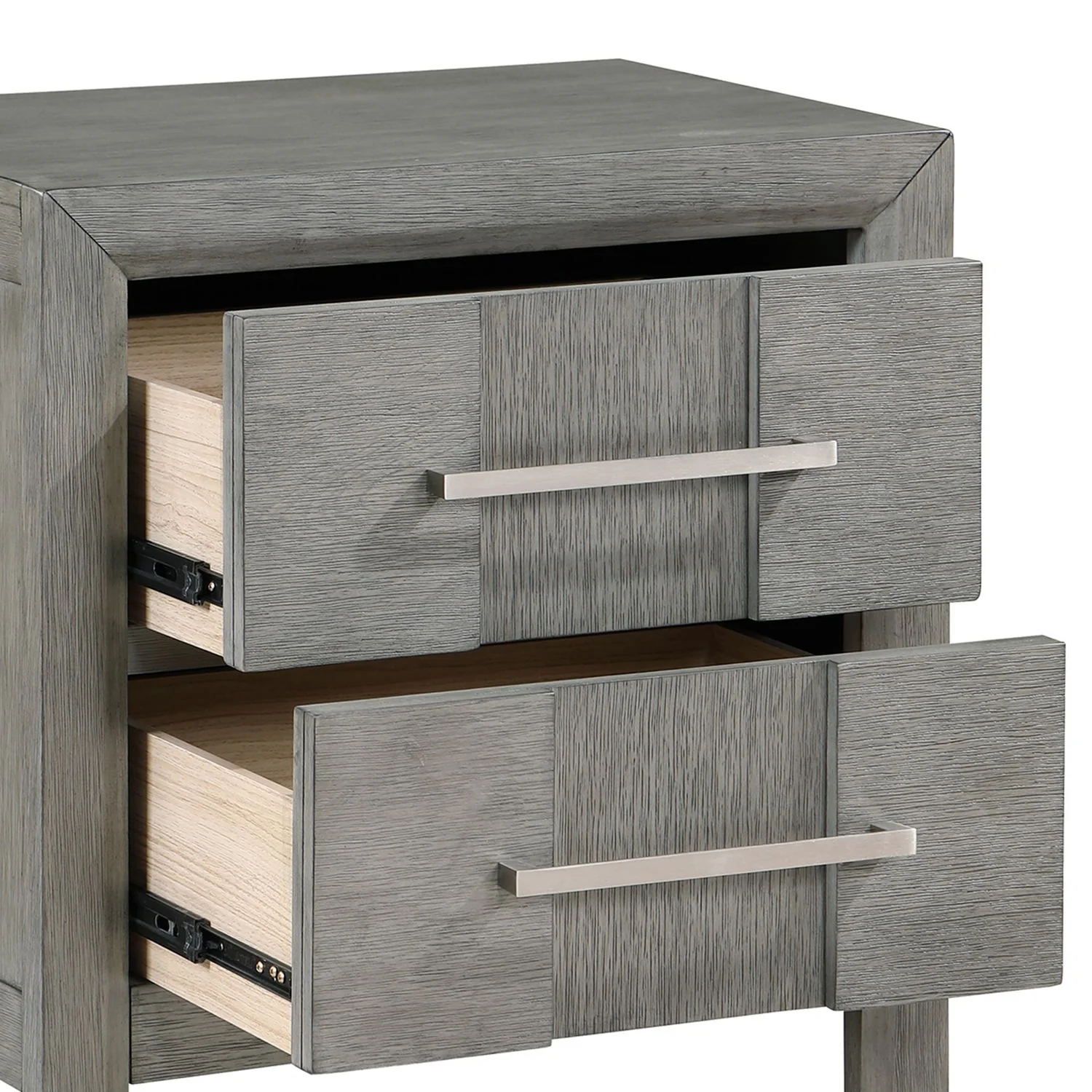 Modern 2 Drawer Nightstand In Gray Finish With Silver Metal Handles, Contemporary Bedside Table With Smooth Glide Drawers - Image 7