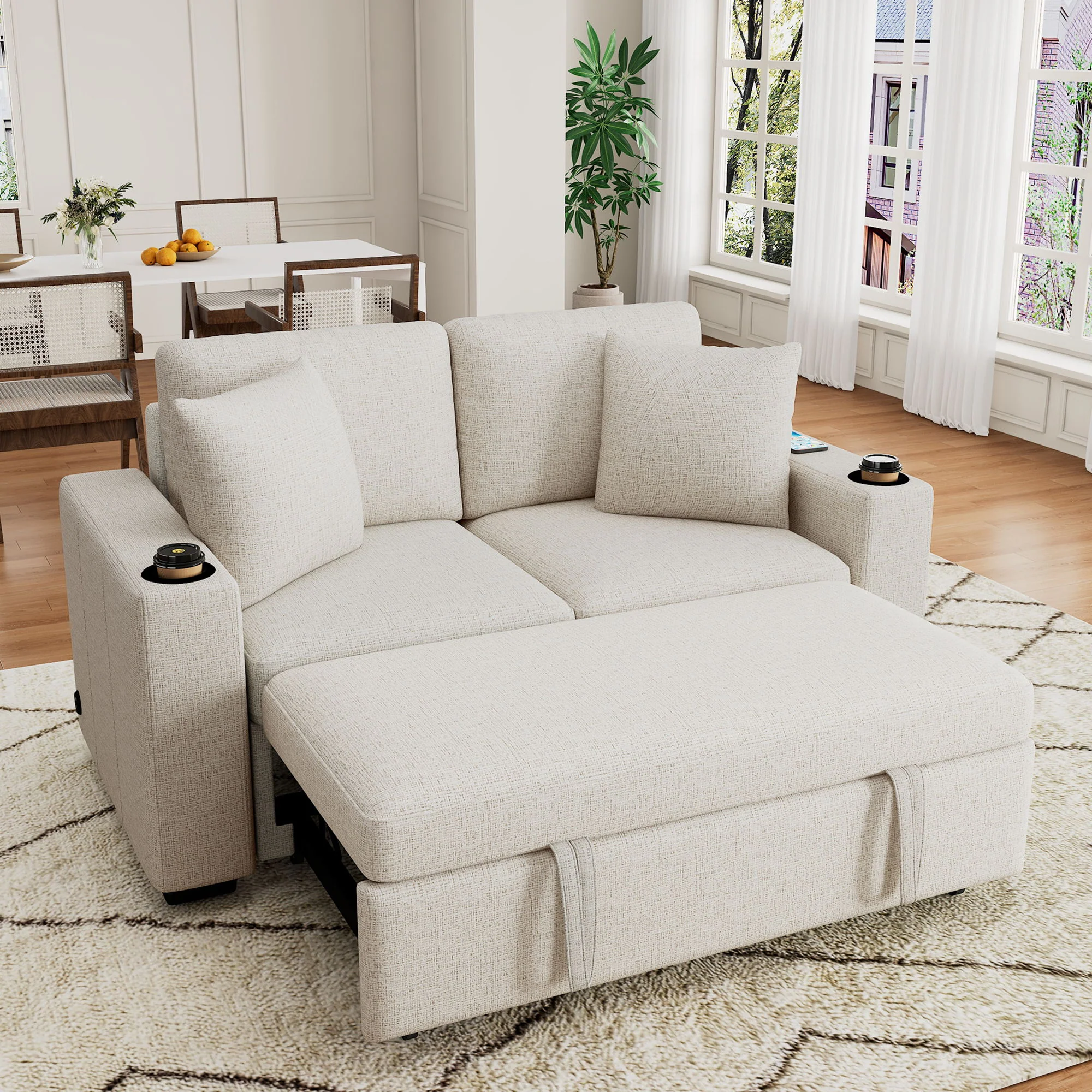 Modern 2 Seater Loveseat Sofa With Pull-Out Bed, Fabric, Built-In USB Ports & Cup Holders - Image 6