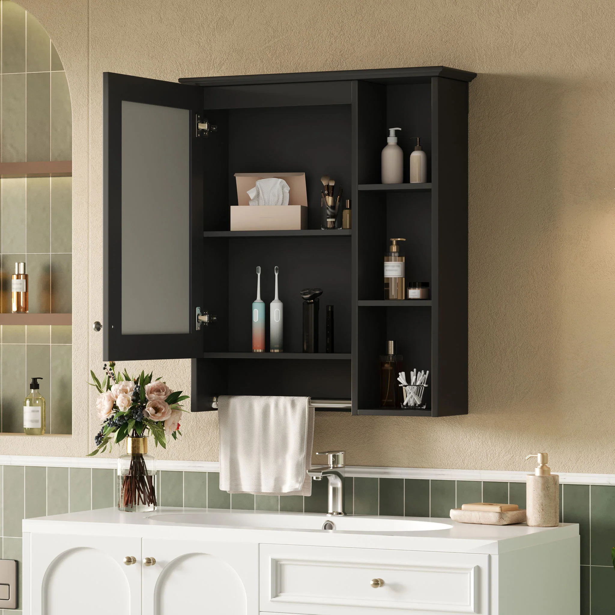 Modern 3 In 1 Bathroom Mirror Cabinet With Adjustable Shelf & Towel Bar - Image 4