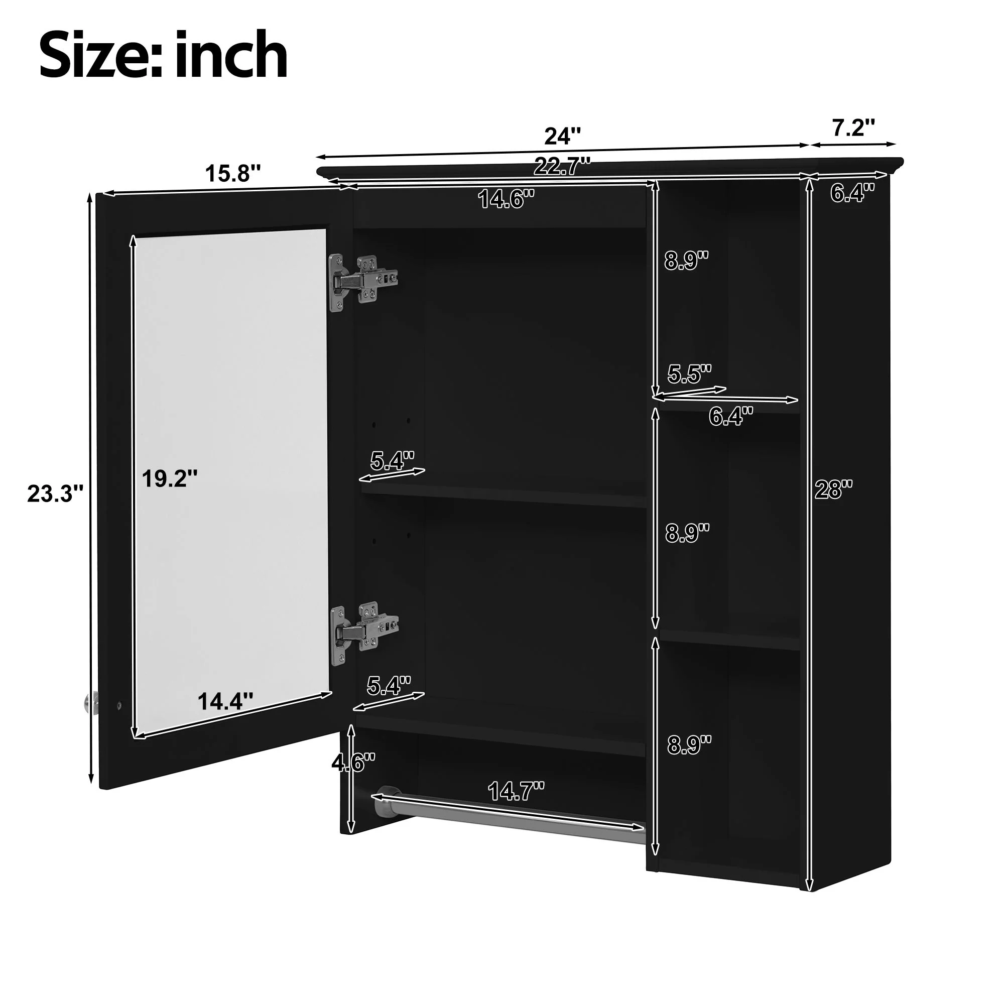 Modern 3 In 1 Bathroom Mirror Cabinet With Adjustable Shelf & Towel Bar - Image 6