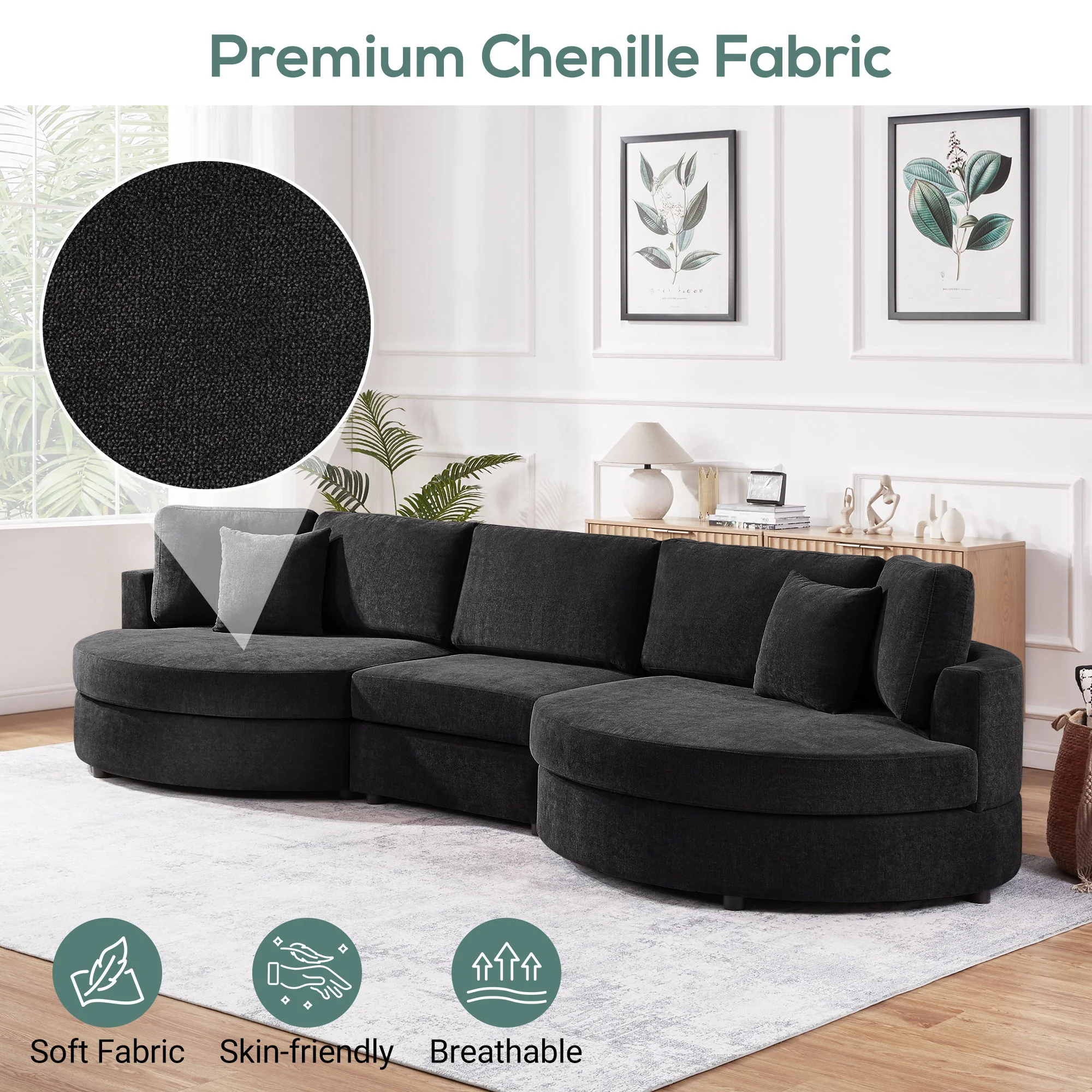 Modern 3 Seater Upholstered Sofa With Curved Design - Image 11