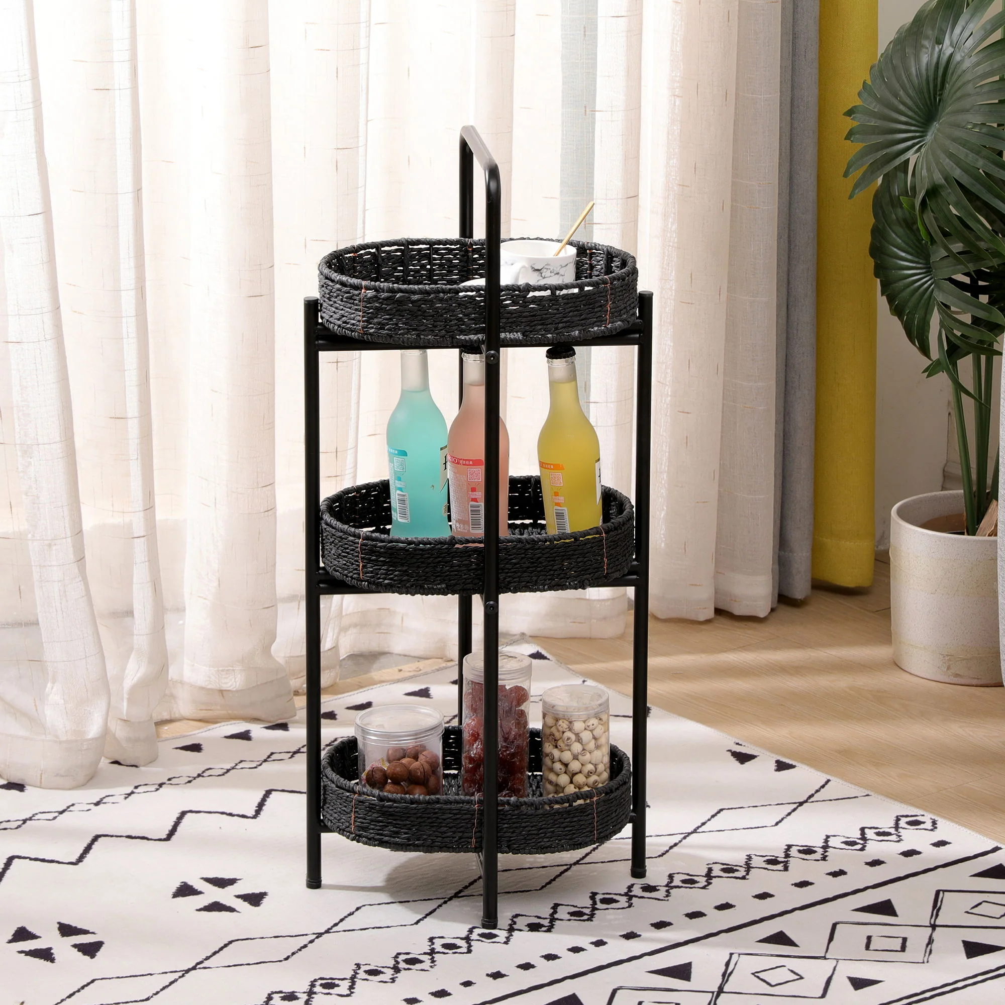 Modern 3 Tier Handwoven Side Table With Oval Organizer - Image 17