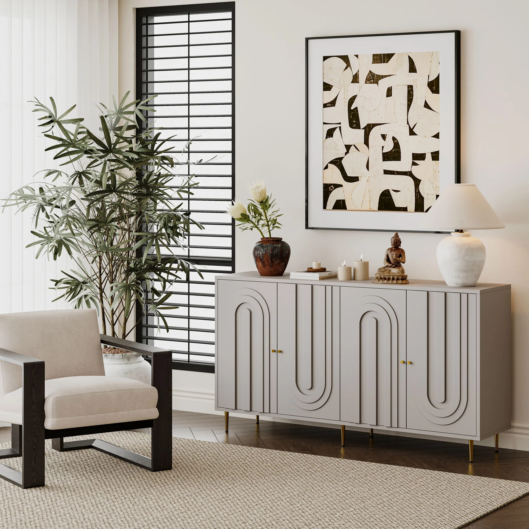 Modern 4 Door Sideboard Buffet Server Cabinet 60in x 33in - Image 14