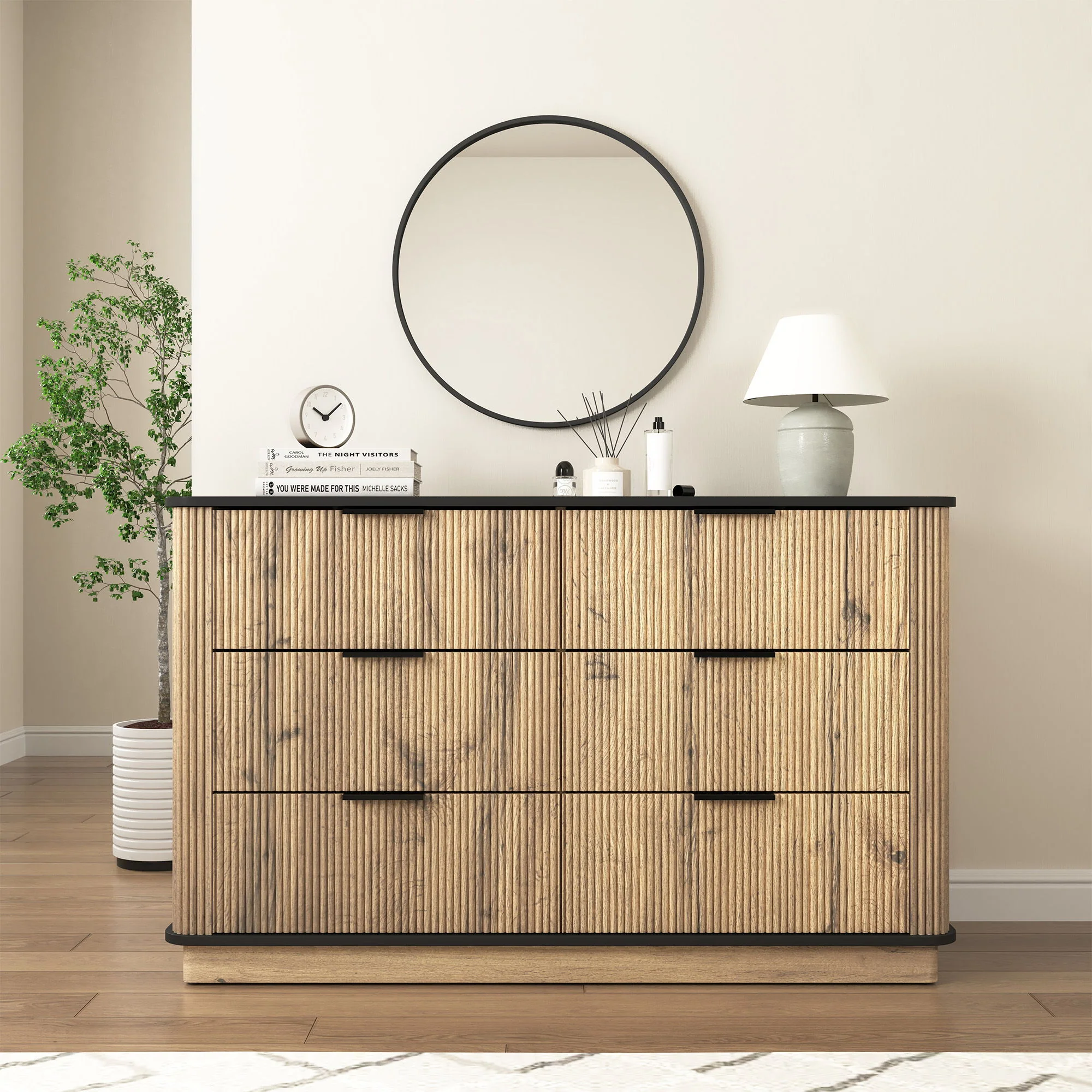 Modern 6 Drawer Cabinet With Metal Rounded Corners And Exquisite Handles Multi Functional Storage - Natural Wood - Image 2