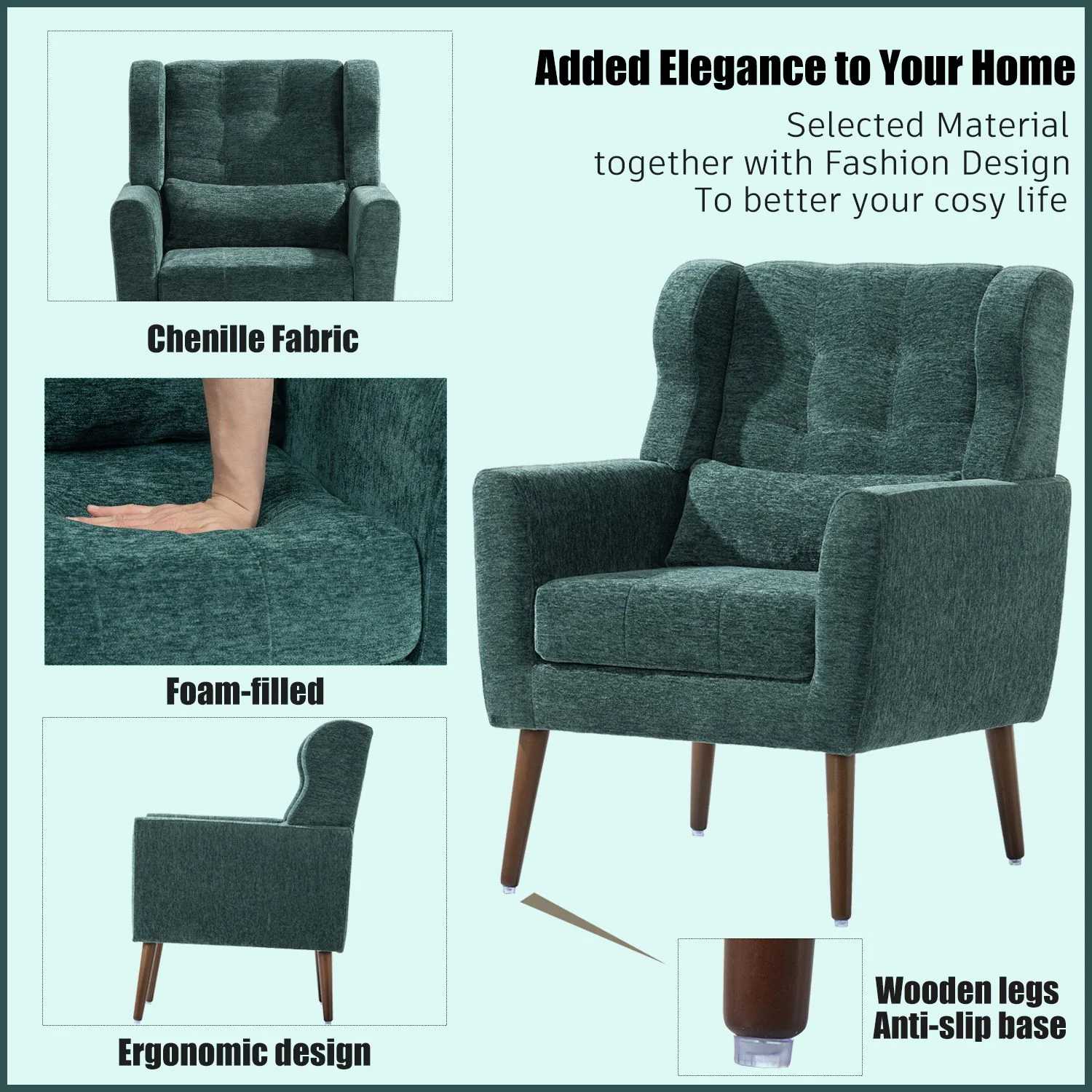 Modern Accent Chair, Arm Chairs For Living Room, Upholstered Mordern Armchair, Comfy Soft Padded Lounge Chair In Small Space, Bedroom, With Pillow, Solid Wood Leg - Image 7