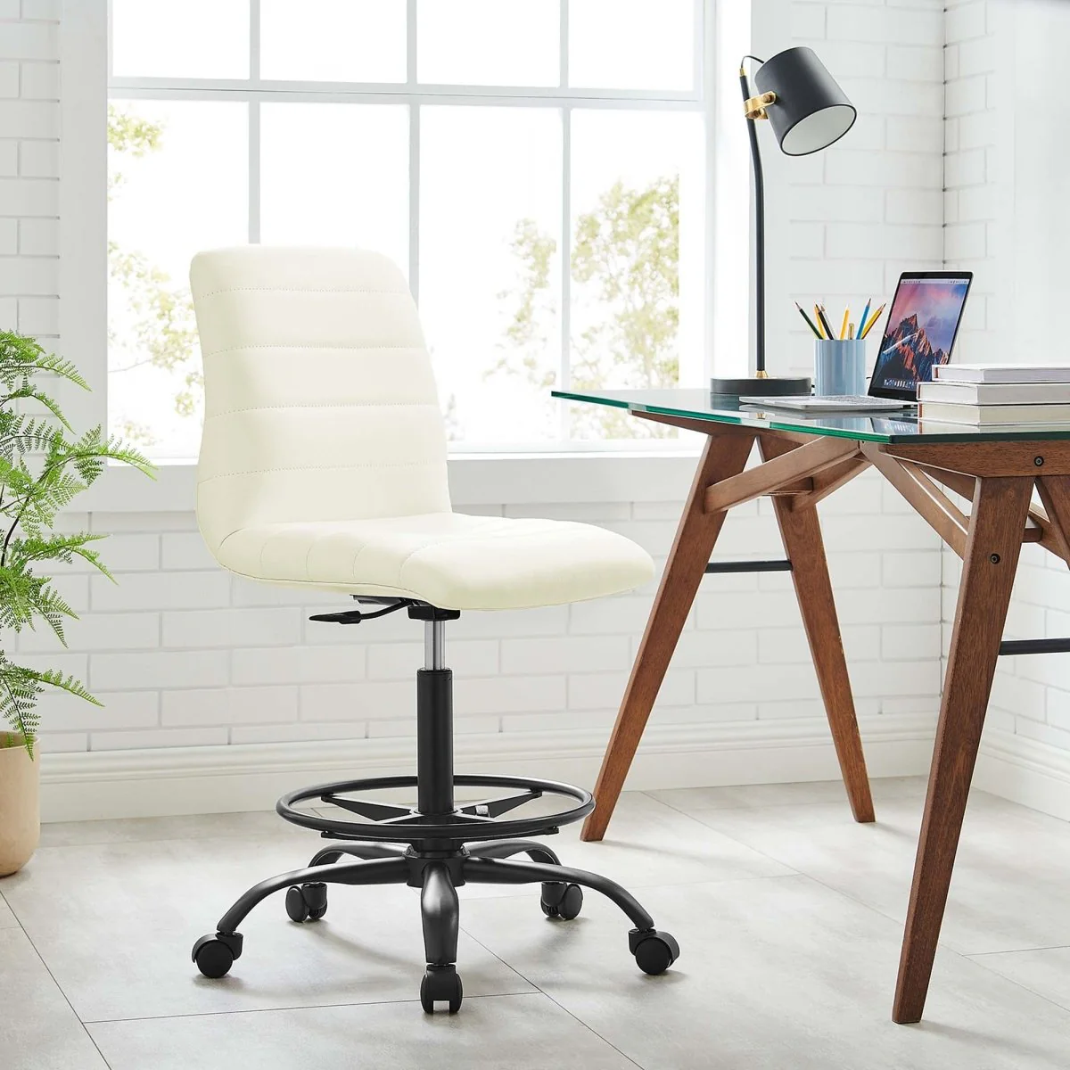 Modern Armless Vegan Leather Drafting Chair – Adjustable Height Swivel Stool for Studio - Image 10