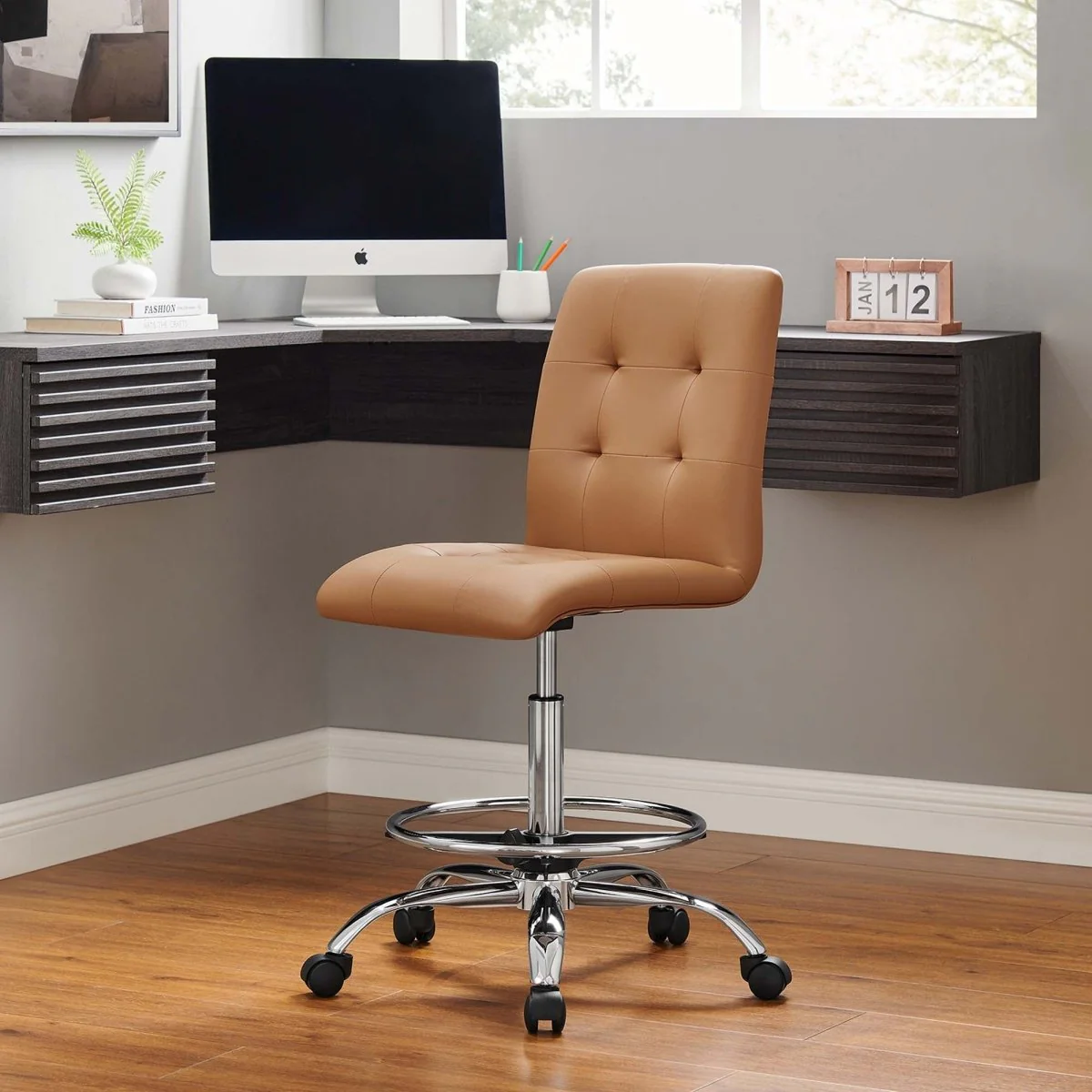 Modern Armless Vegan Leather Drafting Chair — Contemporary Industrial Design Seating - Image 9