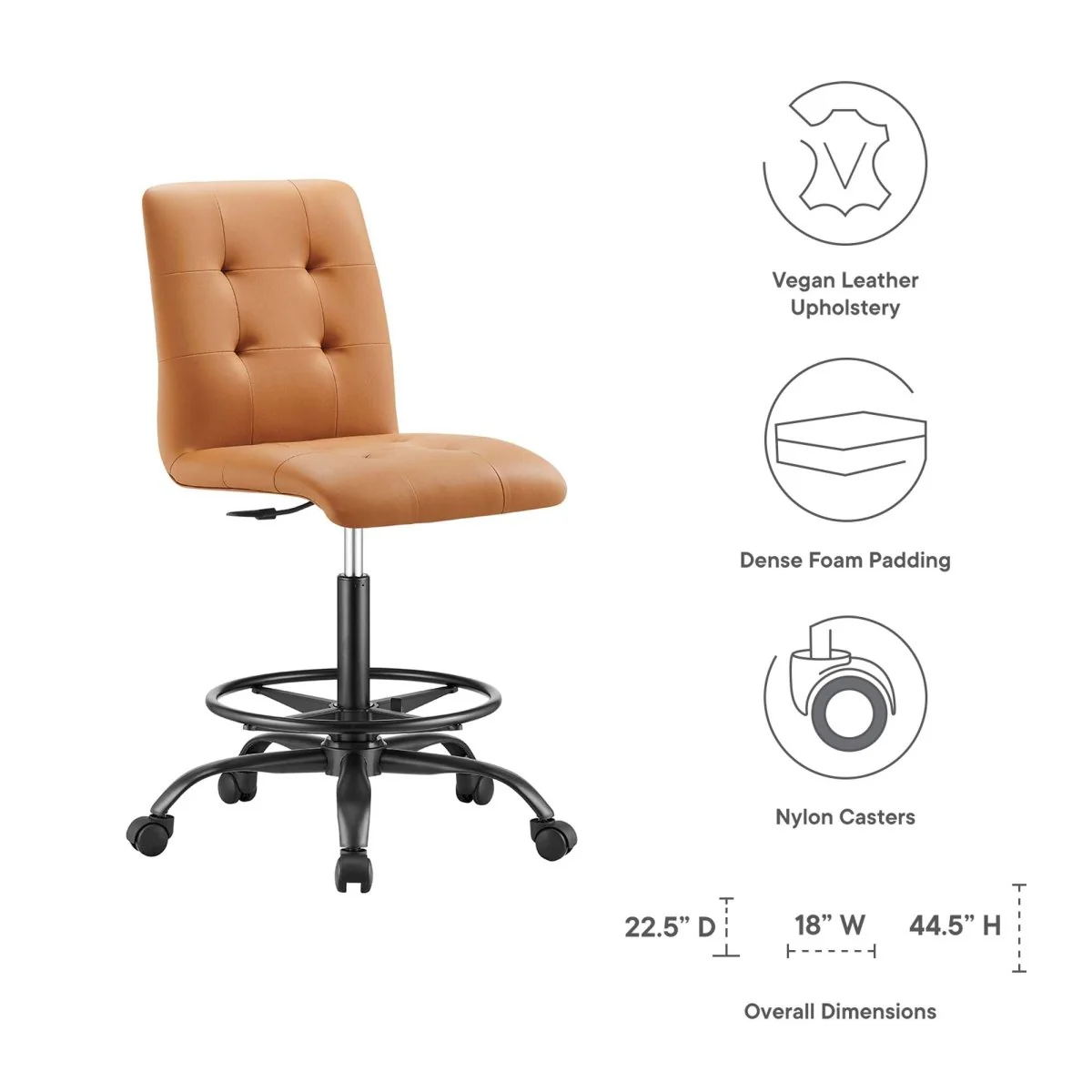 Modern Armless Vegan Leather Drafting Chair - Height-Adjustable Swivel Stool with Footrest - Image 11