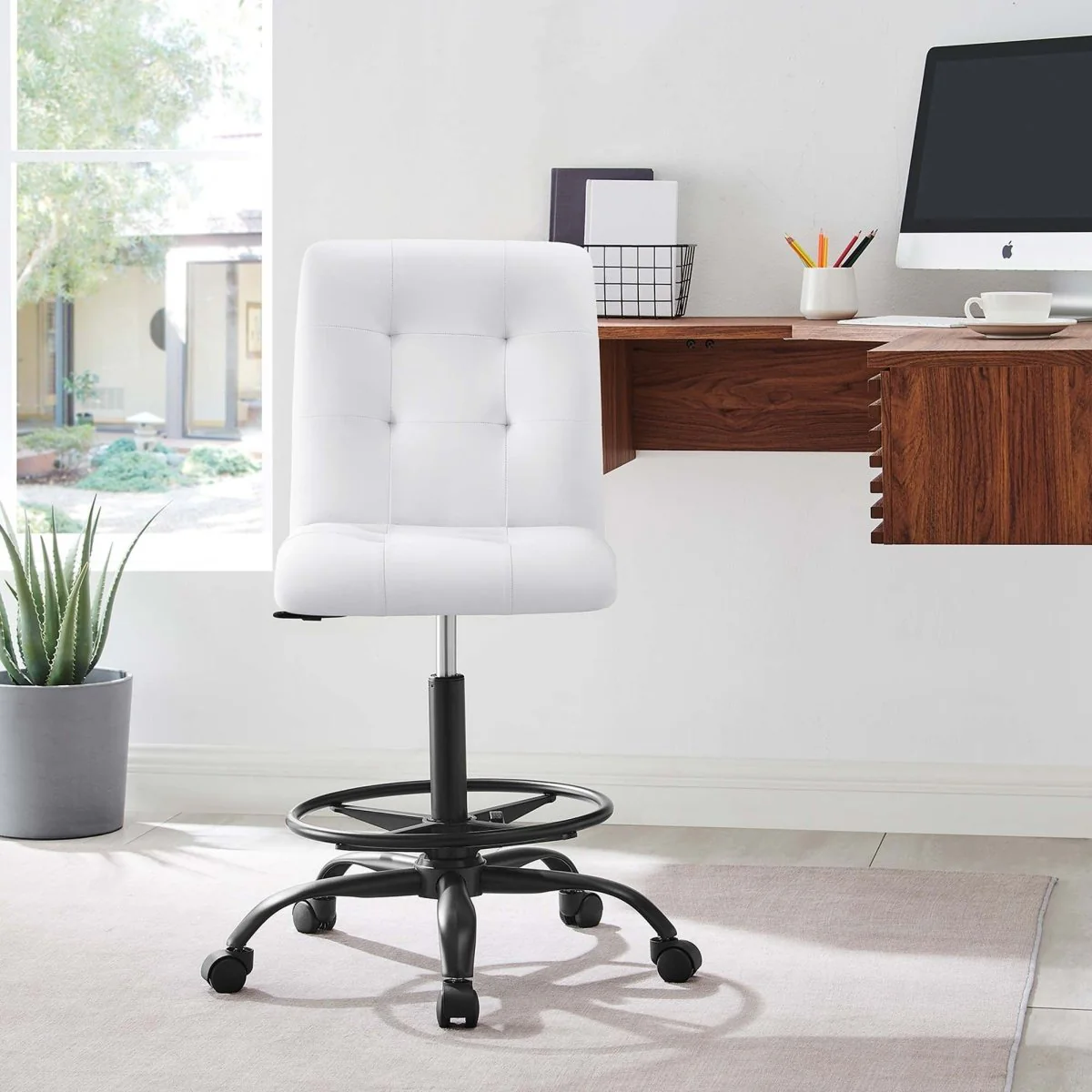 Modern Armless Vegan Leather Drafting Chair - Height-Adjustable Swivel Stool with Footrest - Image 3