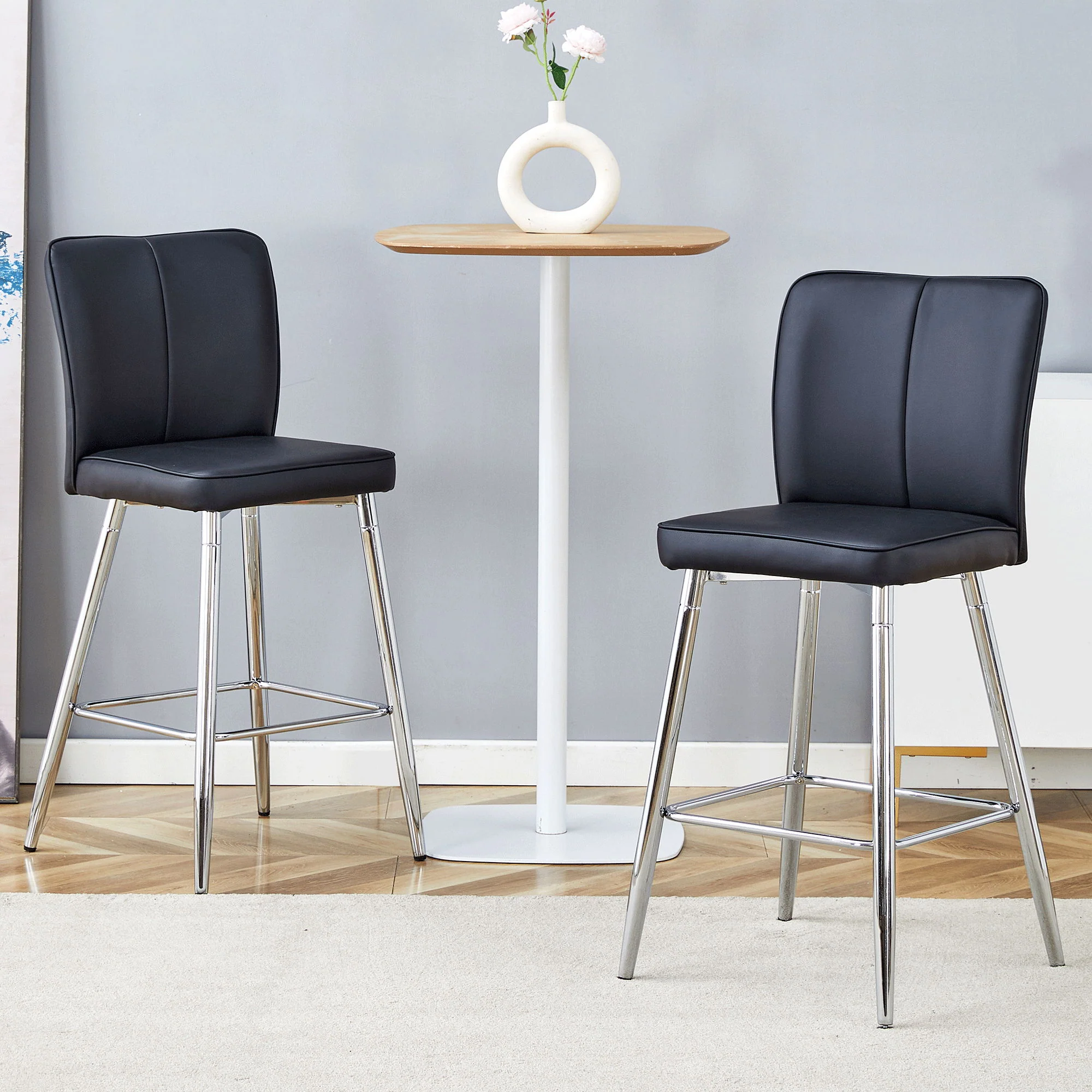 Modern Bar Chair Set Streamlined Backrest Metal Legs 2 Pieces - Black / Silver - Image 4