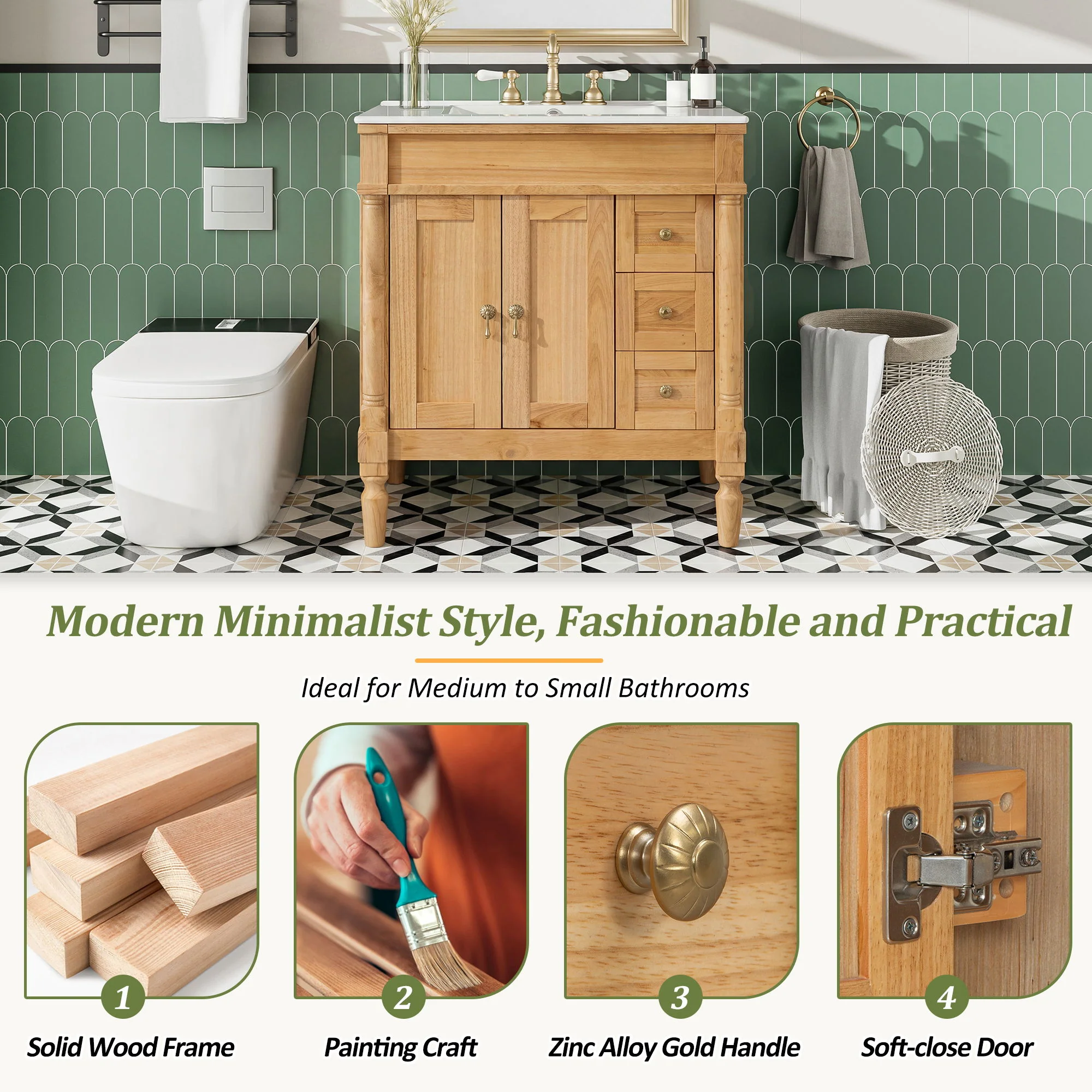 Modern Bathroom Vanity With Ceramic Sink, Soft Close Doors, Adjustable Shelves - Image 10