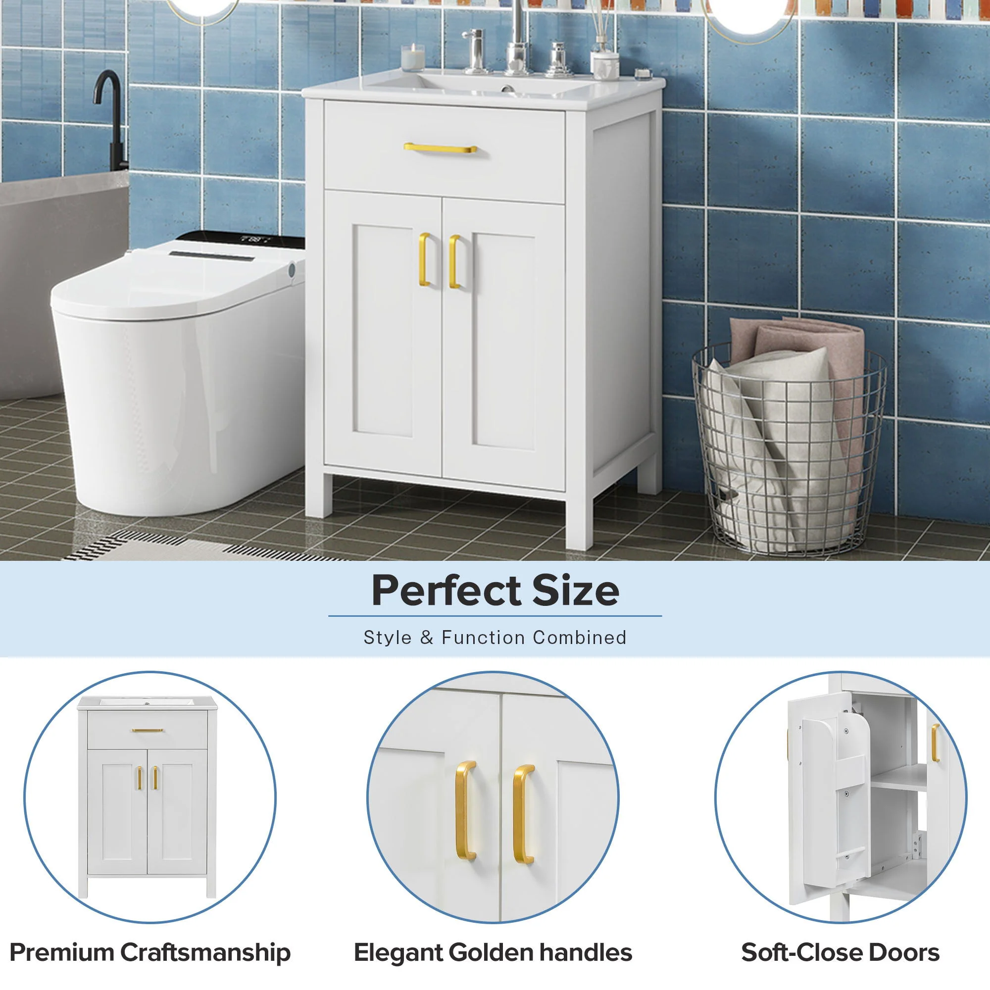 Modern Bathroom Vanity With Ceramic Sink, Soft-Close Doors, Flip Drawer, U-Shaped Shelves, Elegant Storage Solution - Image 7