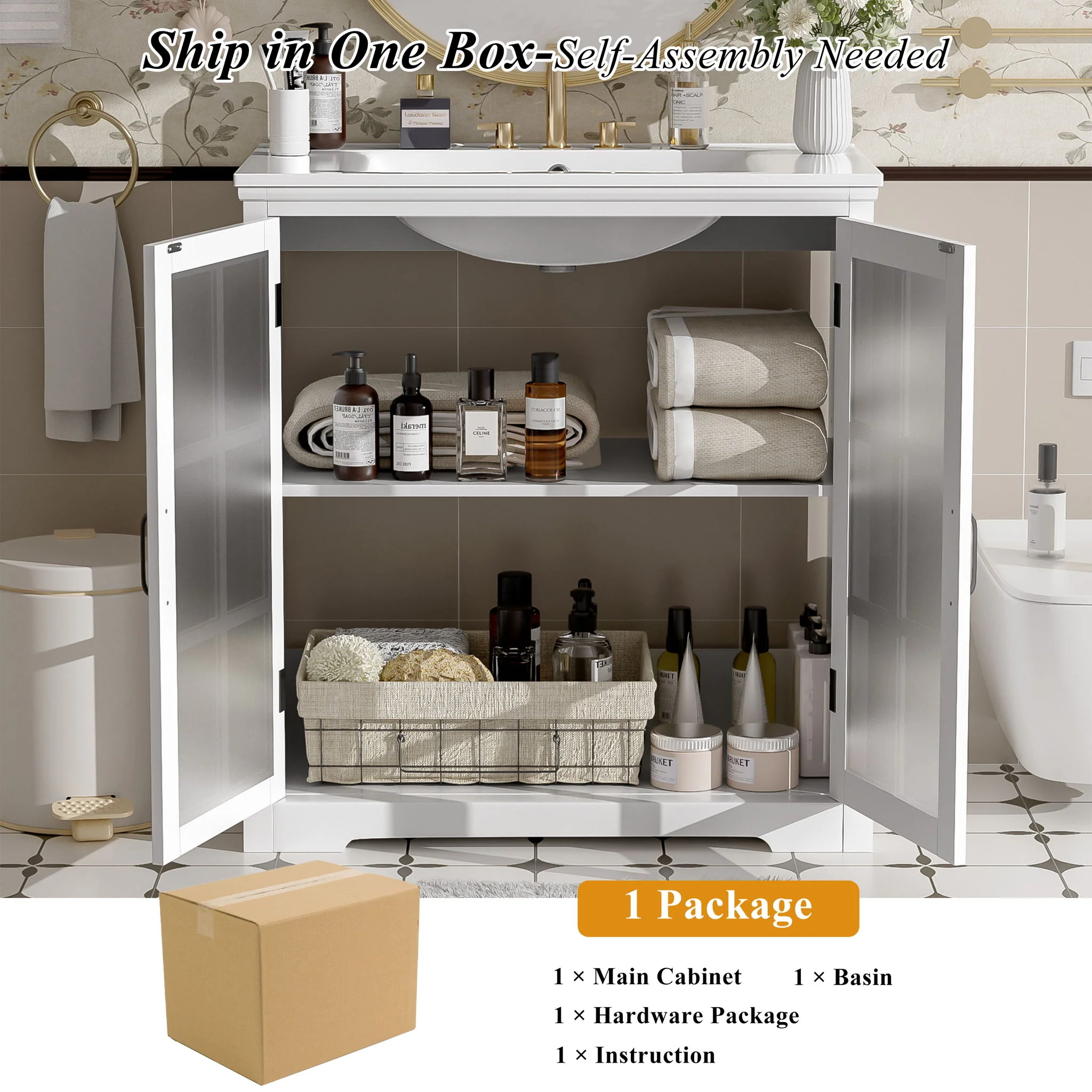 Modern Bathroom Vanity With Ceramic Sink, Tempered Blurred Glass Doors - Image 11