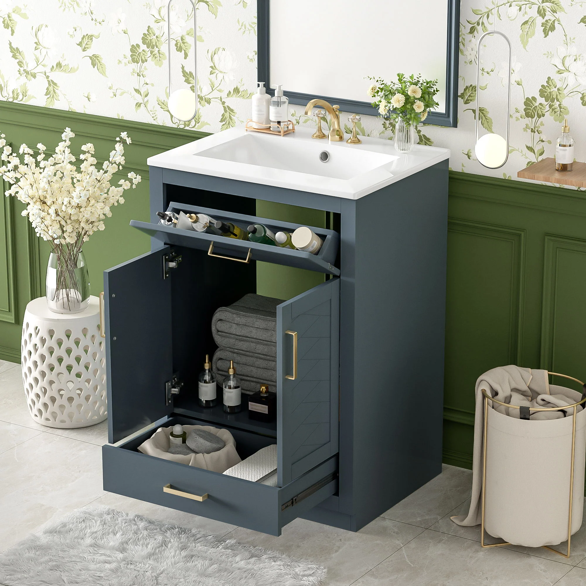 Modern Bathroom Vanity With Integrated Ceramic Sink, 2 Door Cabinet With Tip-Out Drawer - Image 5