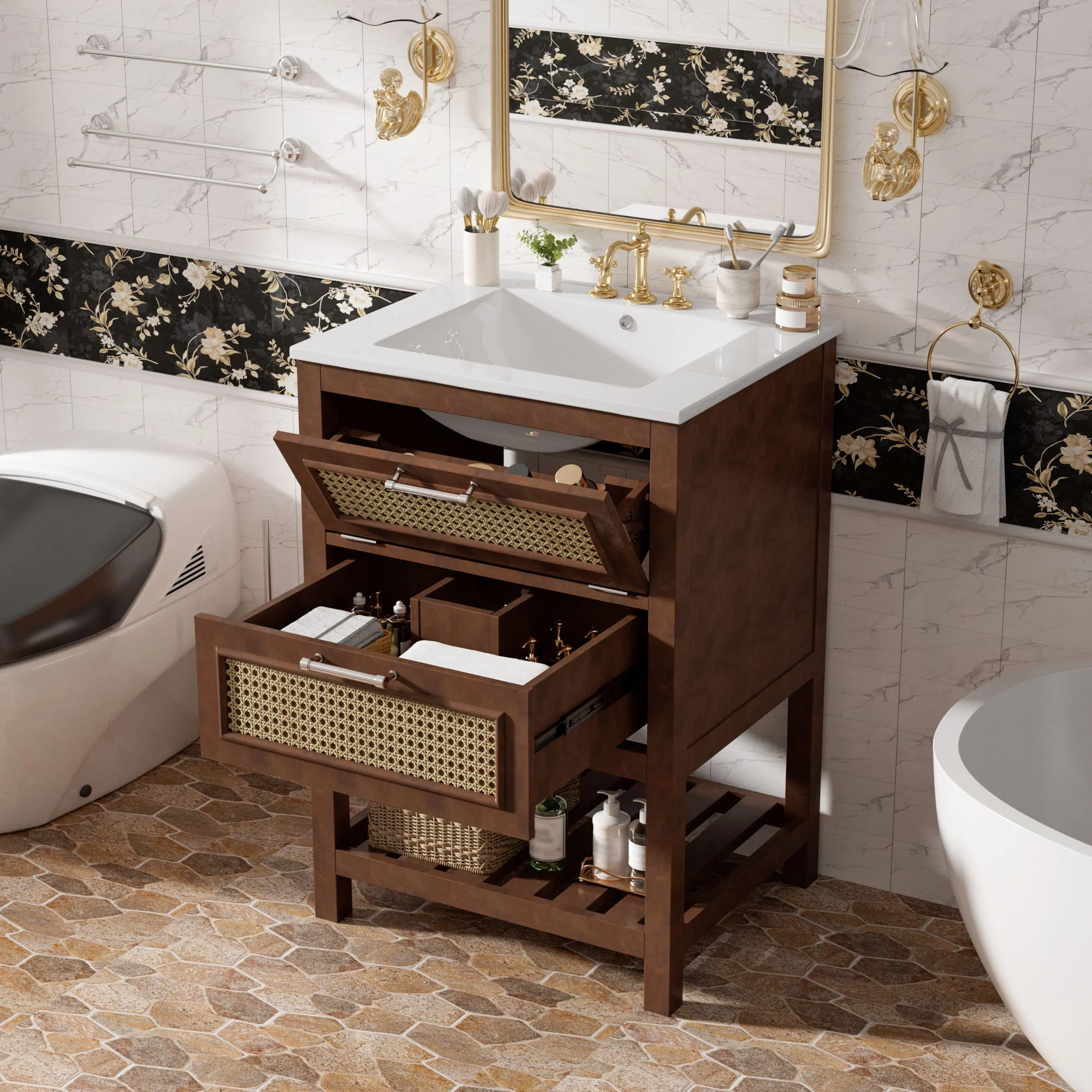 Modern Bathroom Vanity With Integrated Sink, Cabinet With 1 Deep Drawer And 1 Tip-Out Drawer - Image 17