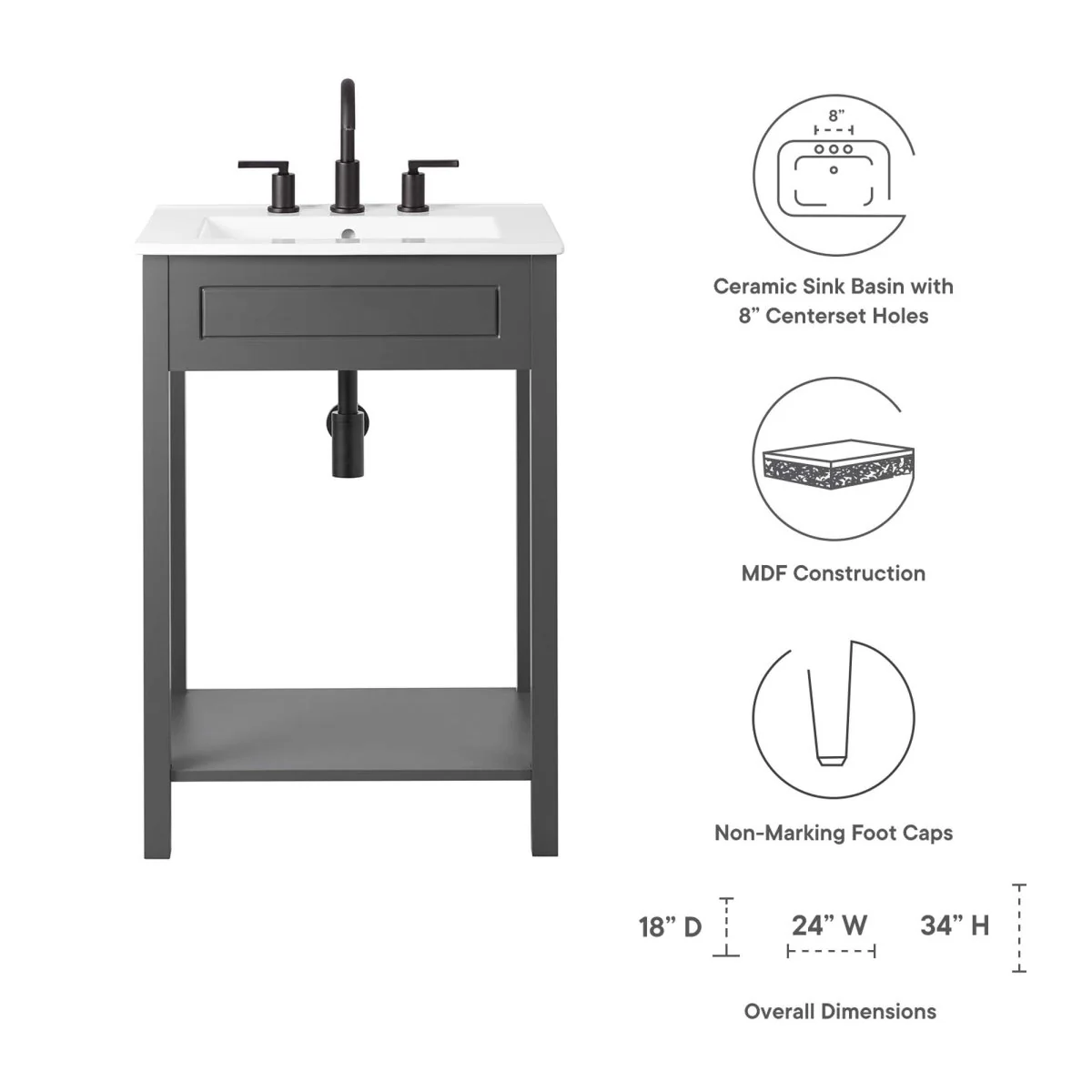 Modern Bathroom Vanity with Sink and Open Shelf - Multiple Sizes and Finishes - Image 11