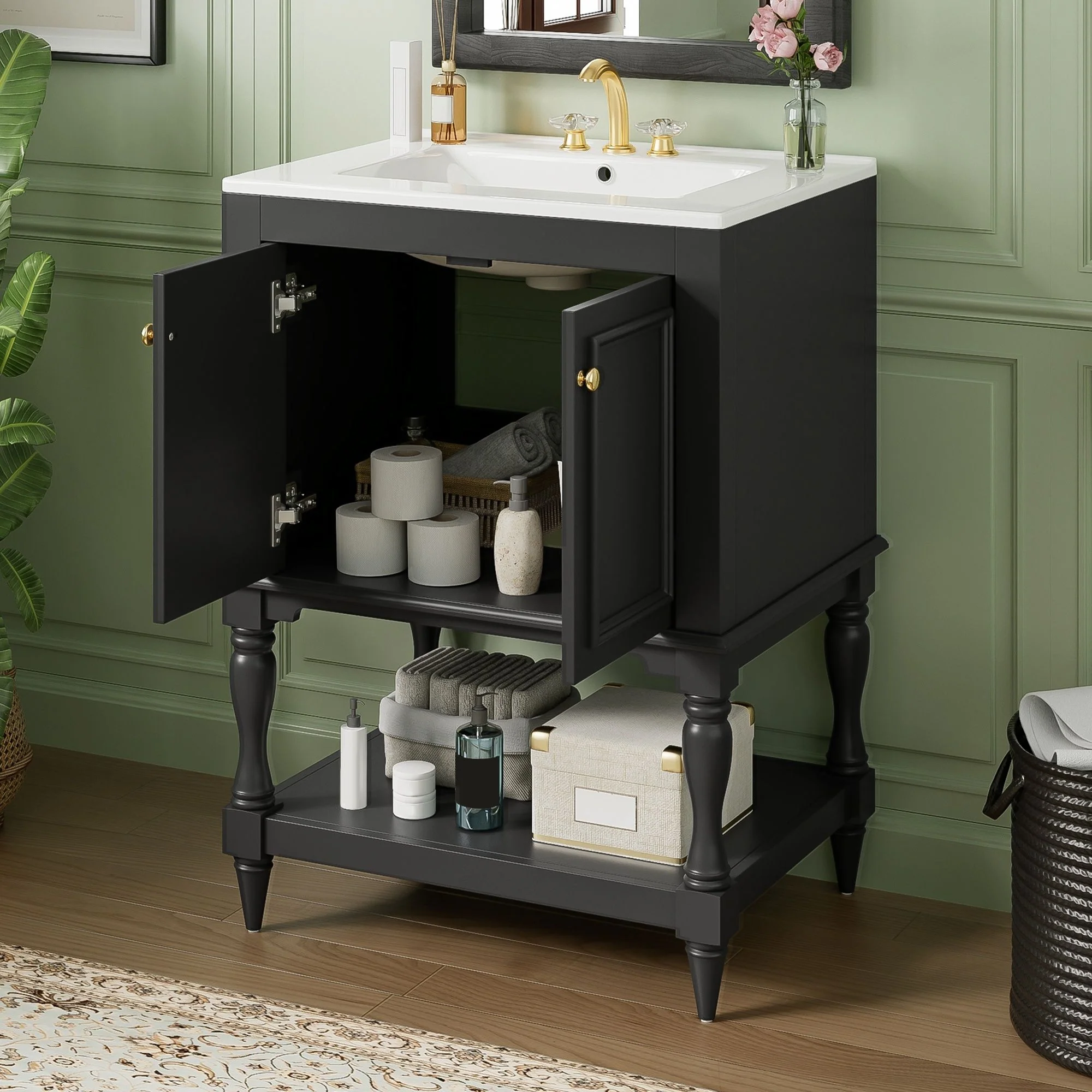 Modern Bathroom Vanity With Sink, Rectangular Cabinet With Open Shelf And Closed Storage - Image 13