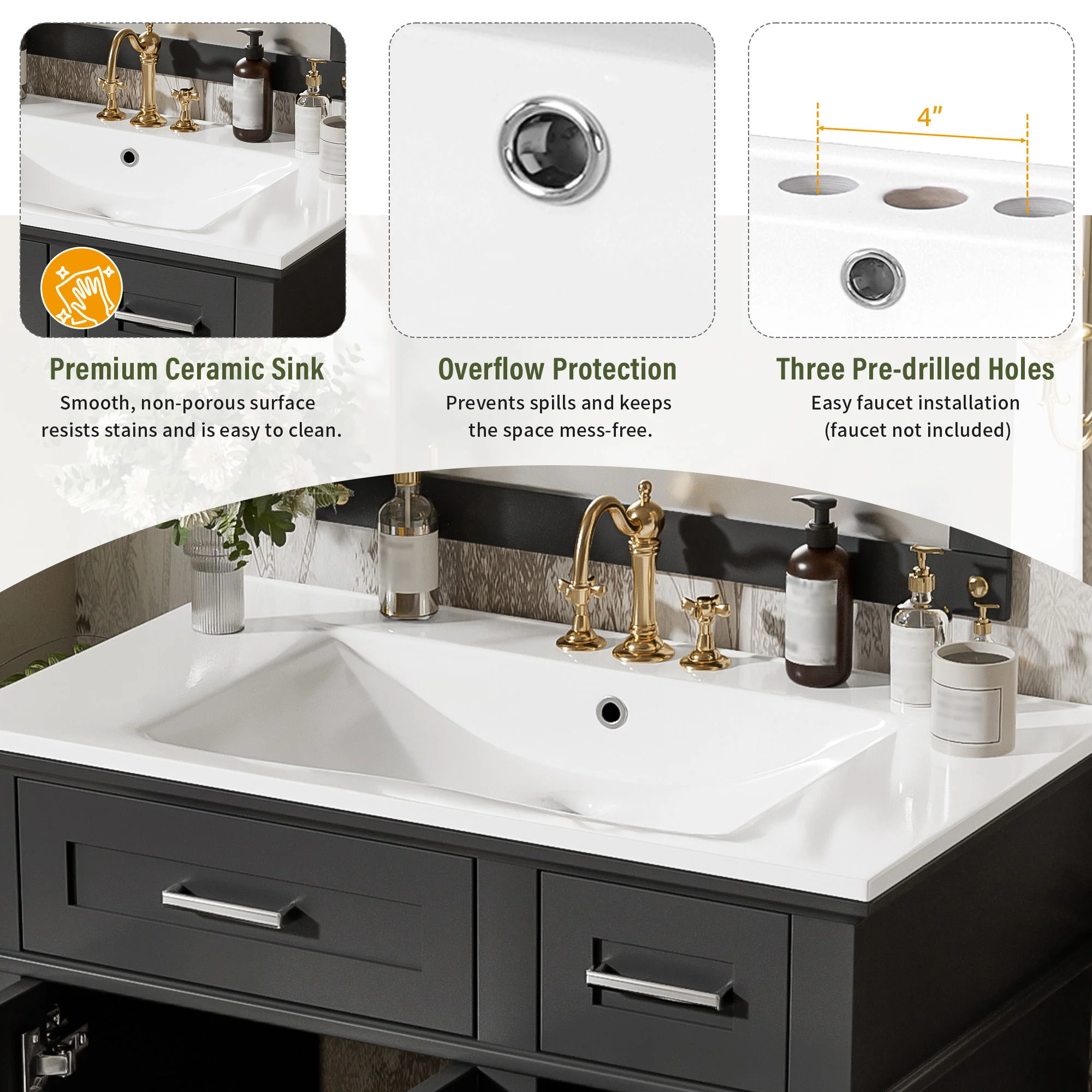 Modern Bathroom Vanity With Sink, Storage Cabinet, Soft Close Doors, Deep & Standard Drawers - Image 17