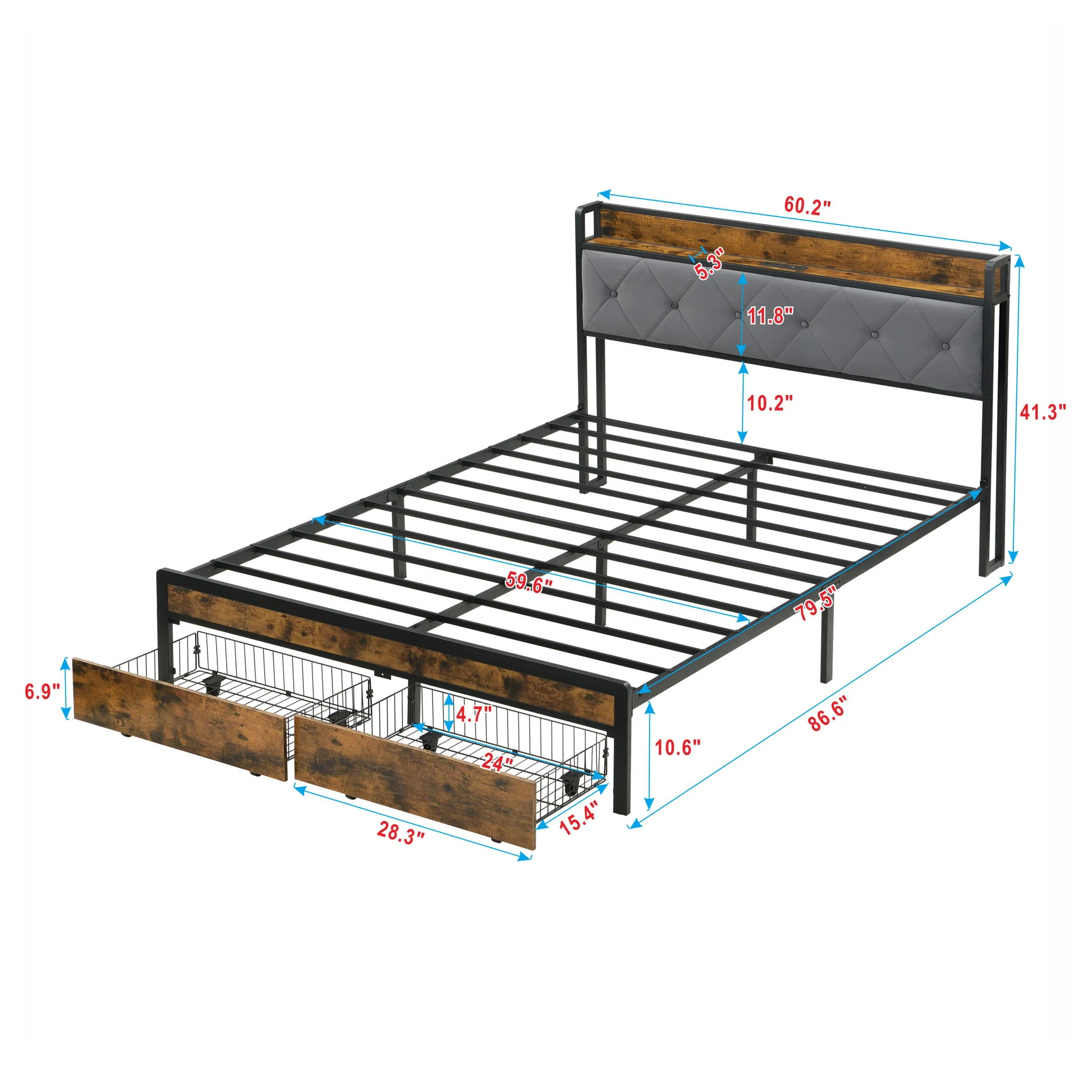 Modern Bed Frame With LED Lights, Upholstered Headboard, USB Charging - Image 19