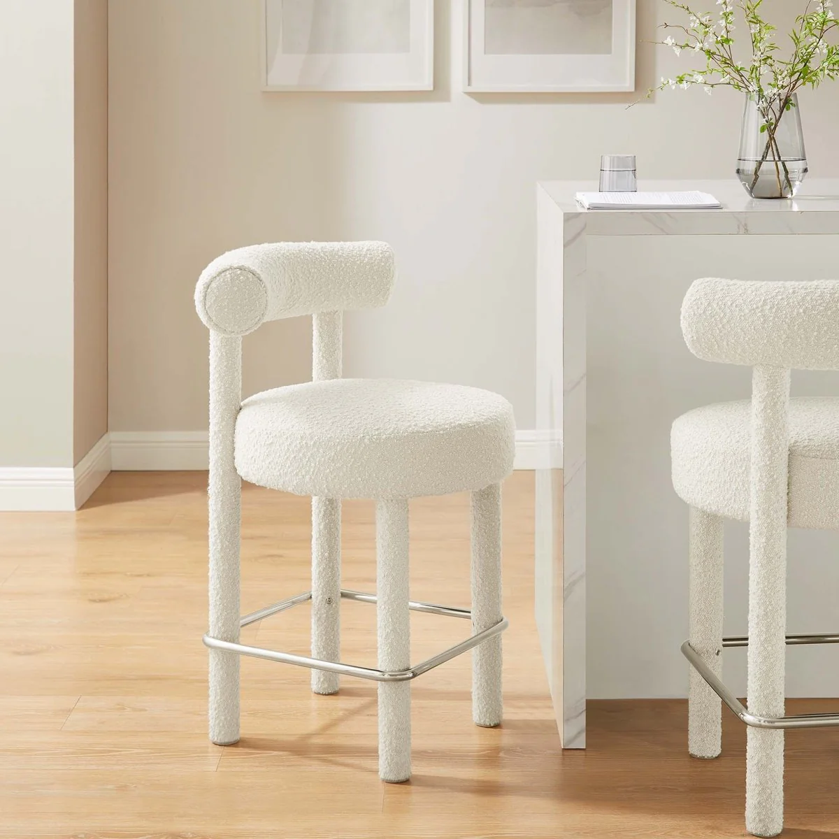 Modern Boucle Fabric Counter Stool with Bolster Back - Image 2