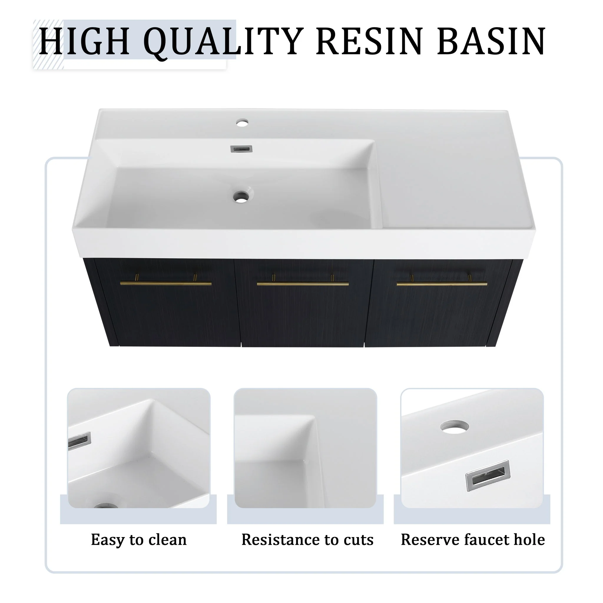 Modern Chestnut Wall Mounted Bathroom Vanity With Left Resin Sink And Storage Rack - Black Chestnut - Image 5
