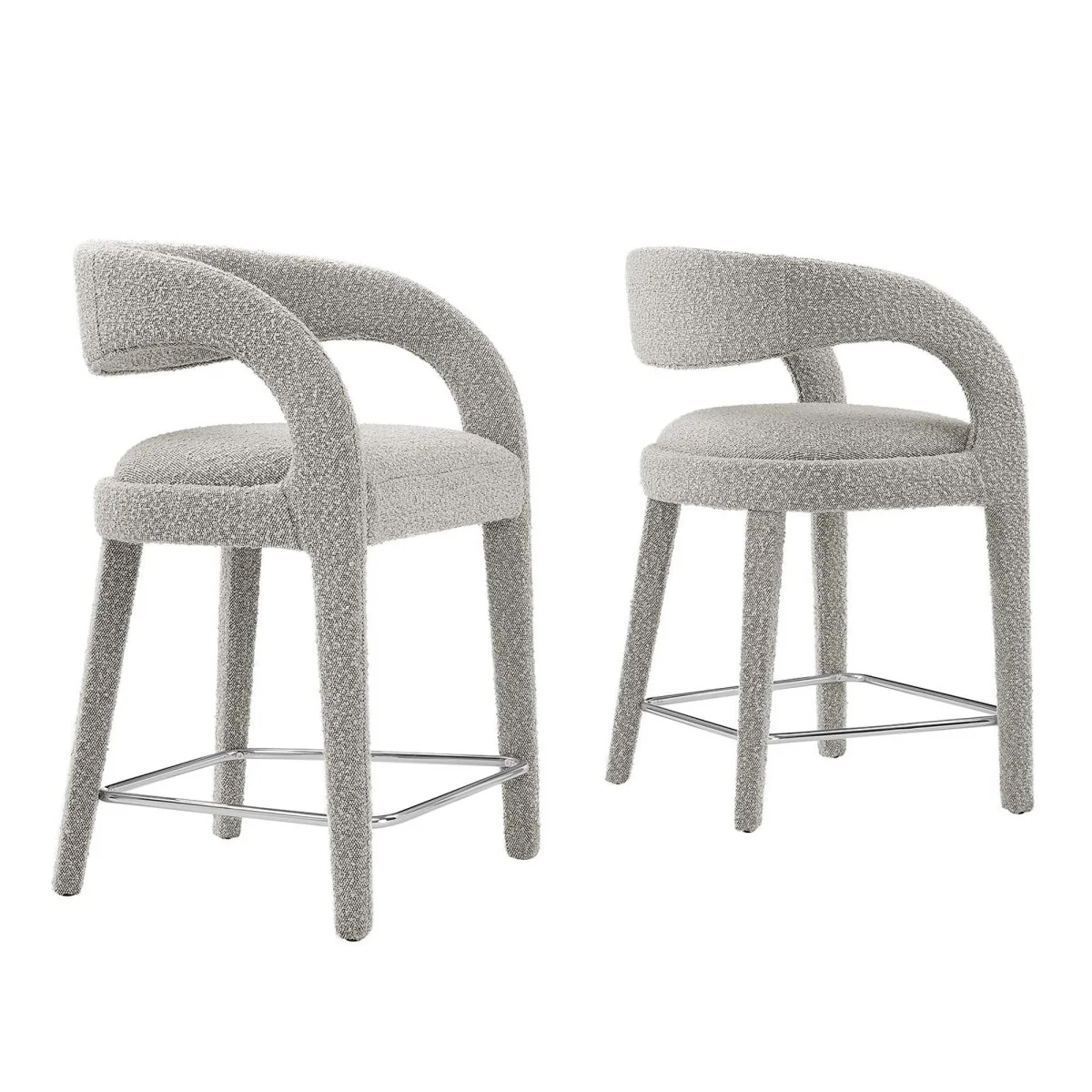 Modern Curved Back Boucle Fabric Counter Stool Set of 2 – Taupe Silver