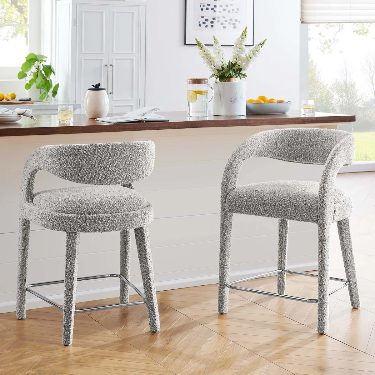 Modern Curved Back Boucle Fabric Counter Stool Set of 2 – Taupe Silver - Image 6