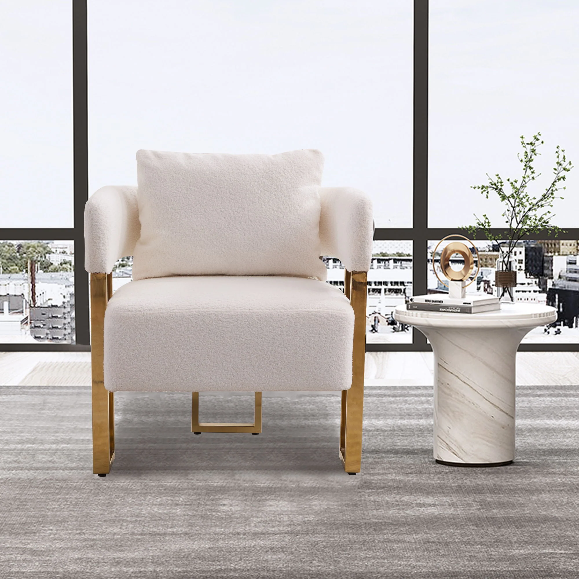Modern Decorative Chair Teddy Fleece Upholstered And Metal Foot - Image 14