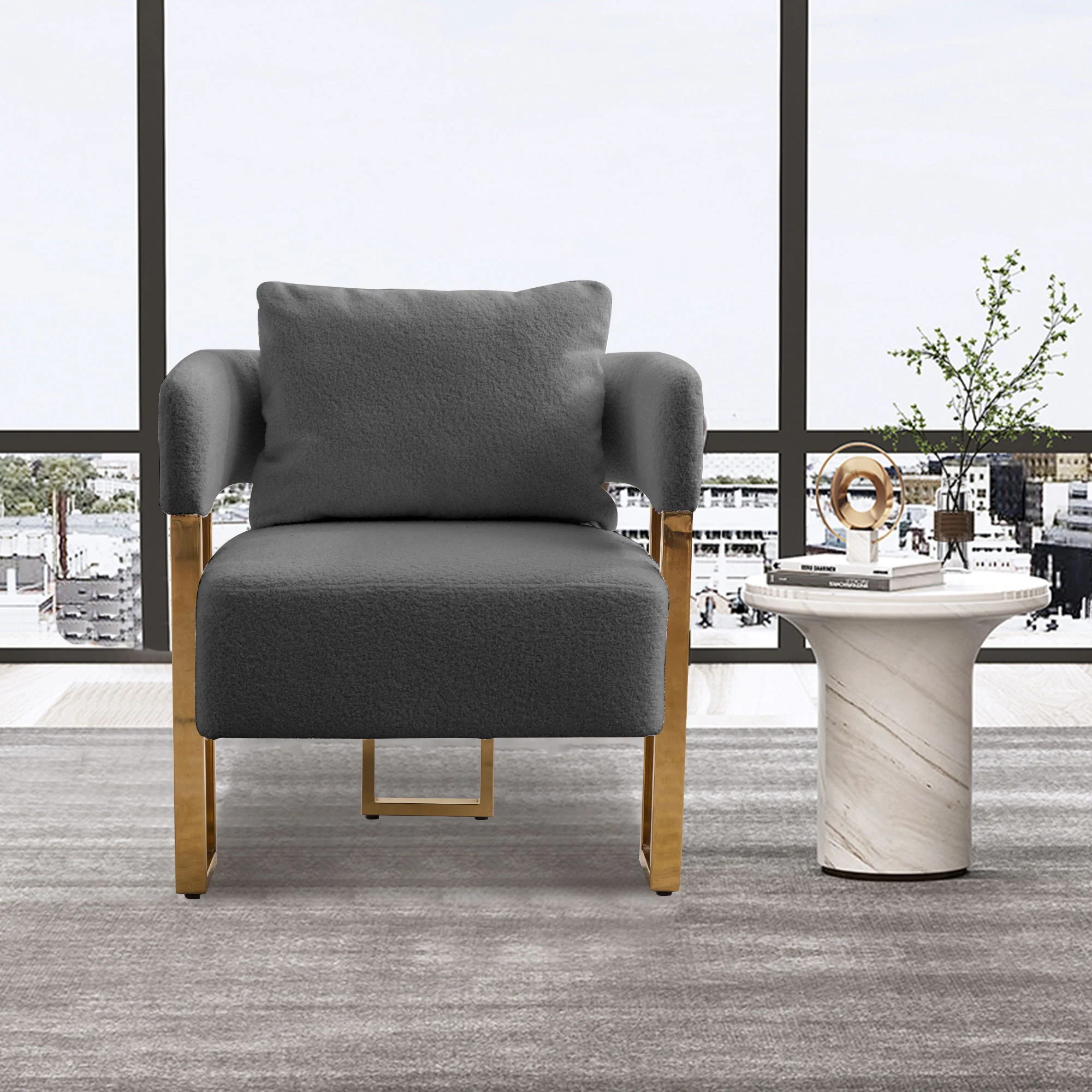 Modern Decorative Chair Teddy Fleece Upholstered And Metal Foot - Image 20