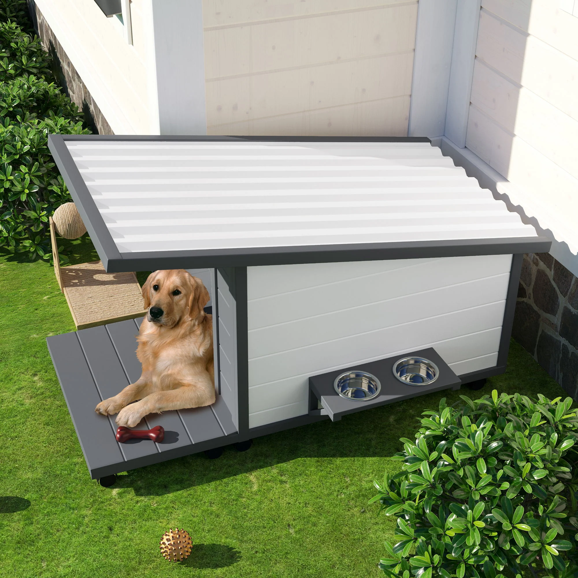Modern Design Outdoor Dog House With Food Bowl And Wheels Pine - Gray / White - Image 3