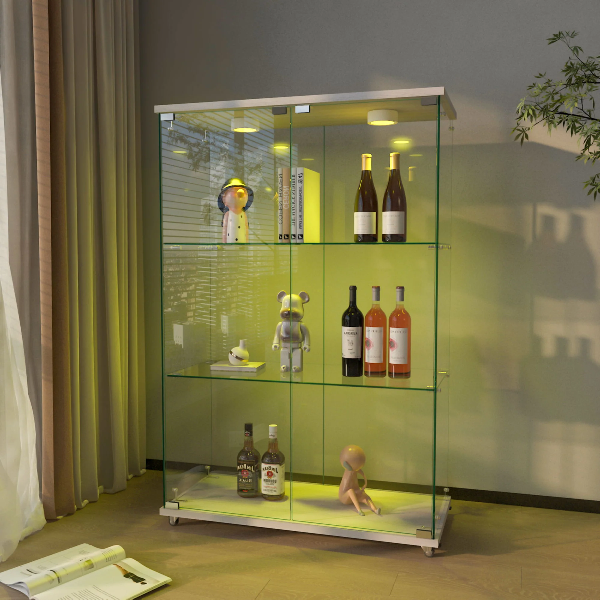 Modern Display Cabinet With LED Lights, Transparent Tempered Glass 2 Door Storage Case With 3 Shelves - Image 16