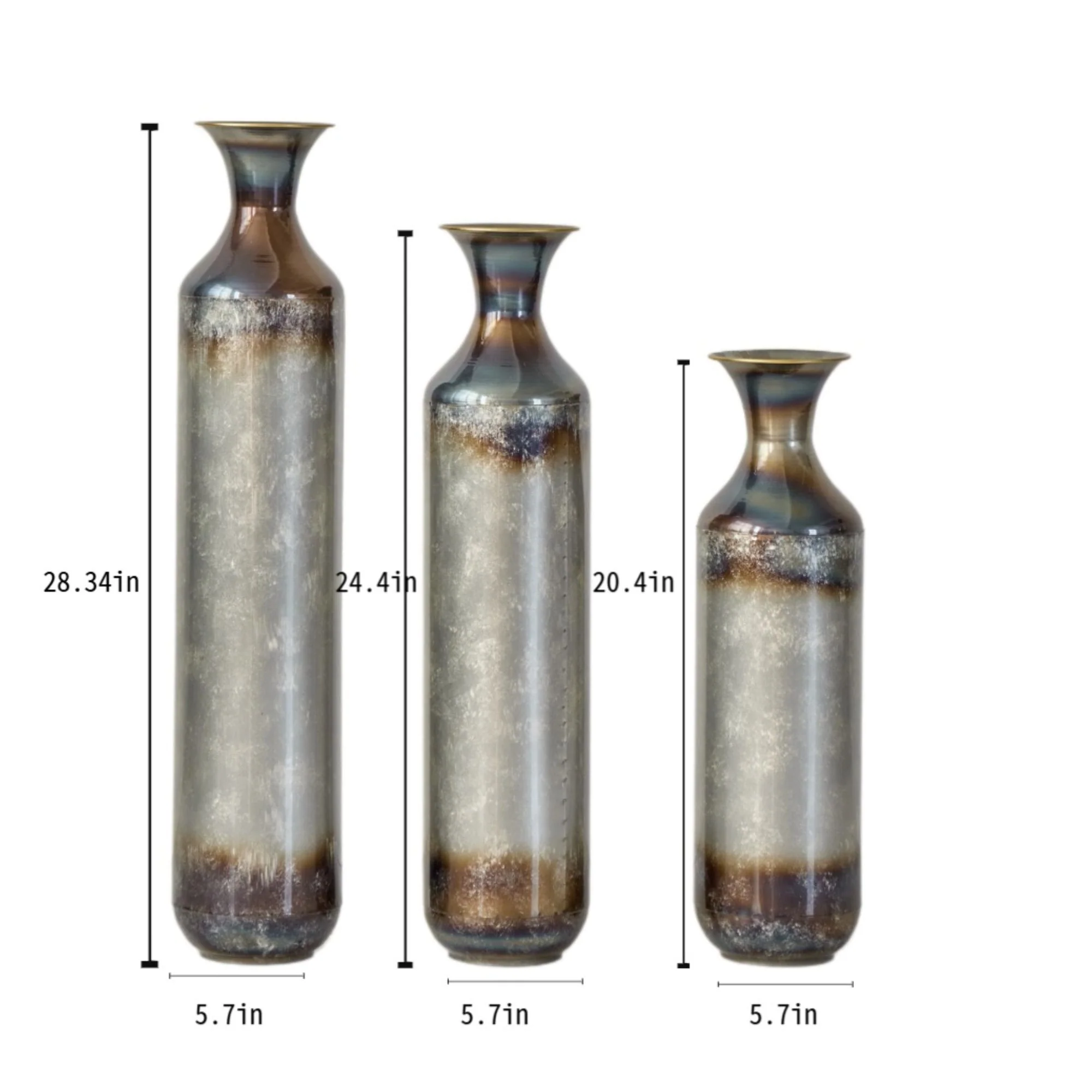 Modern Droplet Shaped Floor Vase Set, Glazed Metal Decorative Vases 3 Piece Home Accent For Living Room - Gold / White - Image 9