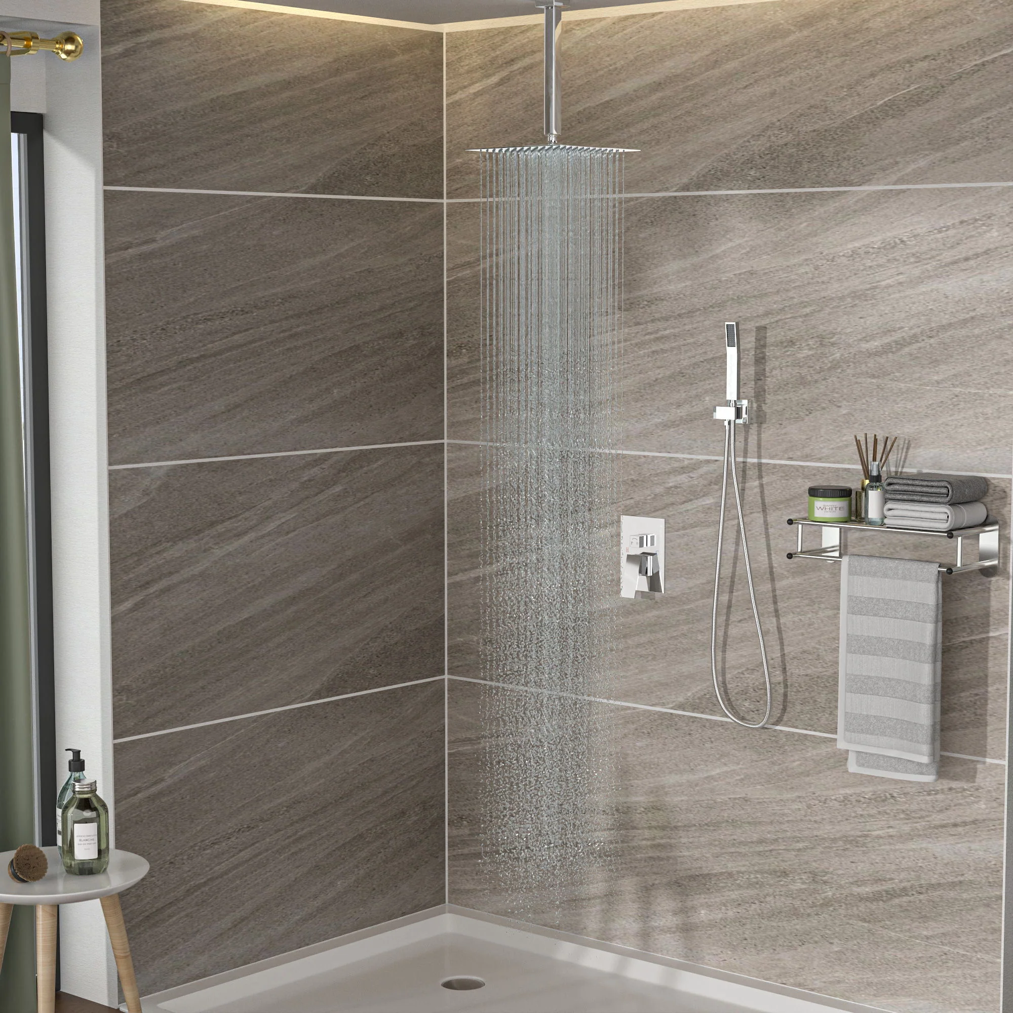Modern Dual Shower Head System With 16" Ceiling Mount Finish, Stainless Steel And Brass - Image 8