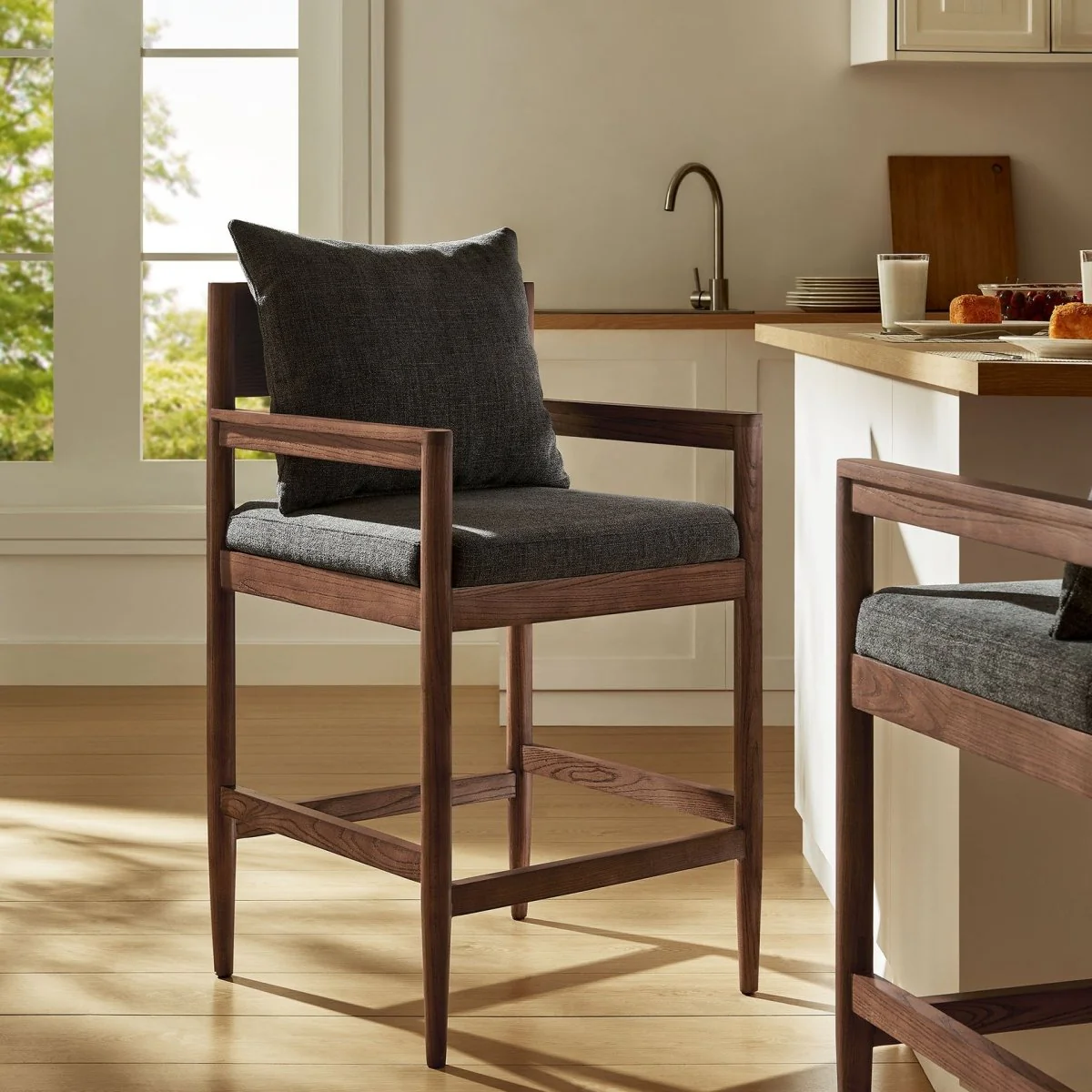 Modern Elm Wood Counter Stool with Slub Weave Fabric - Image 10