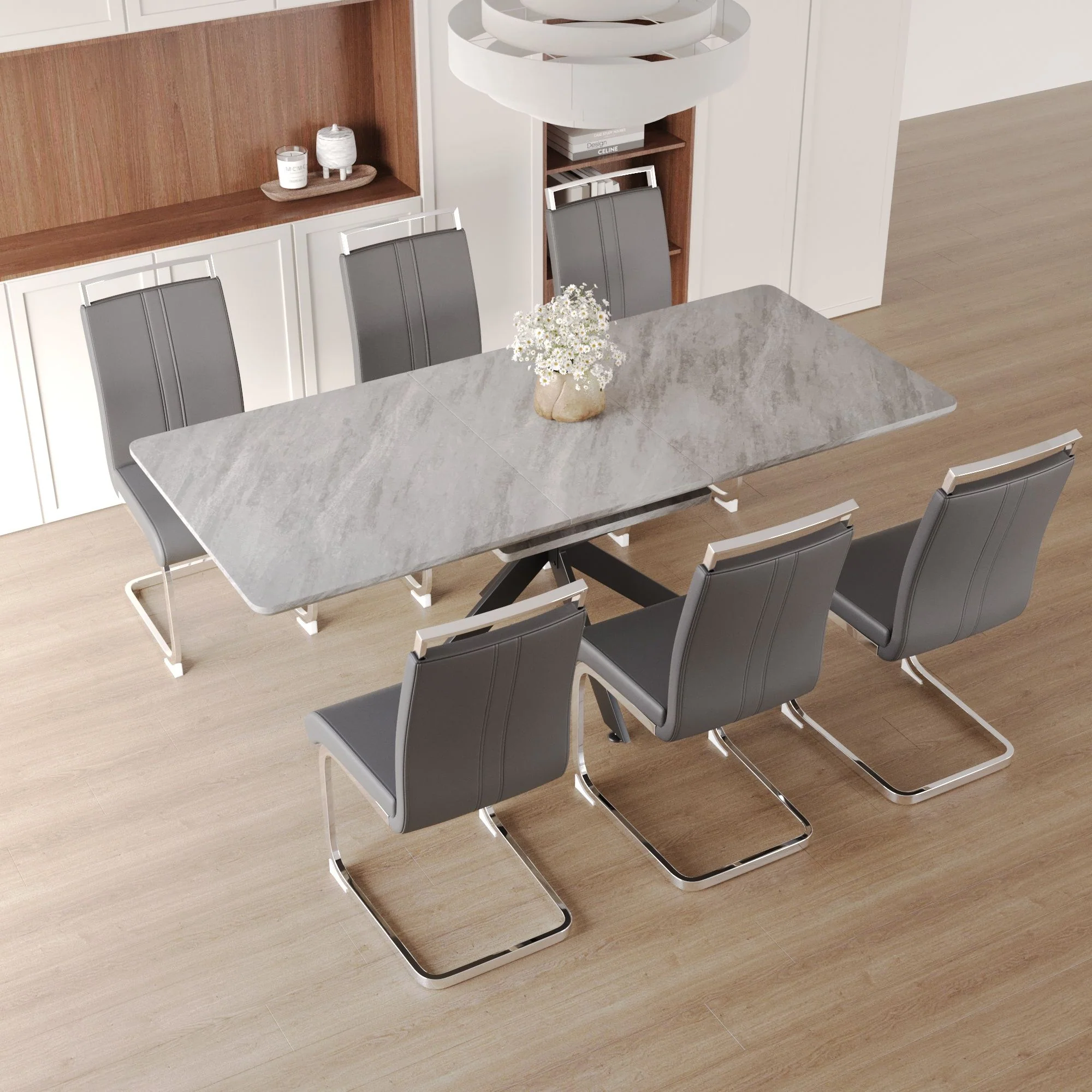 Modern Extendable Dining Table Set With Soft Padded Armless Chairs - Image 3