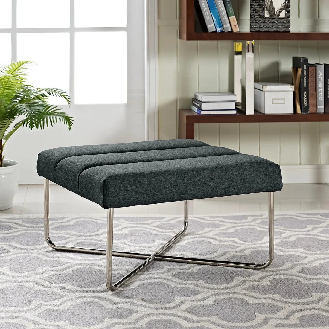 Modern Fabric Ottoman with Steel Base – Gray 26 Inch - Image 5