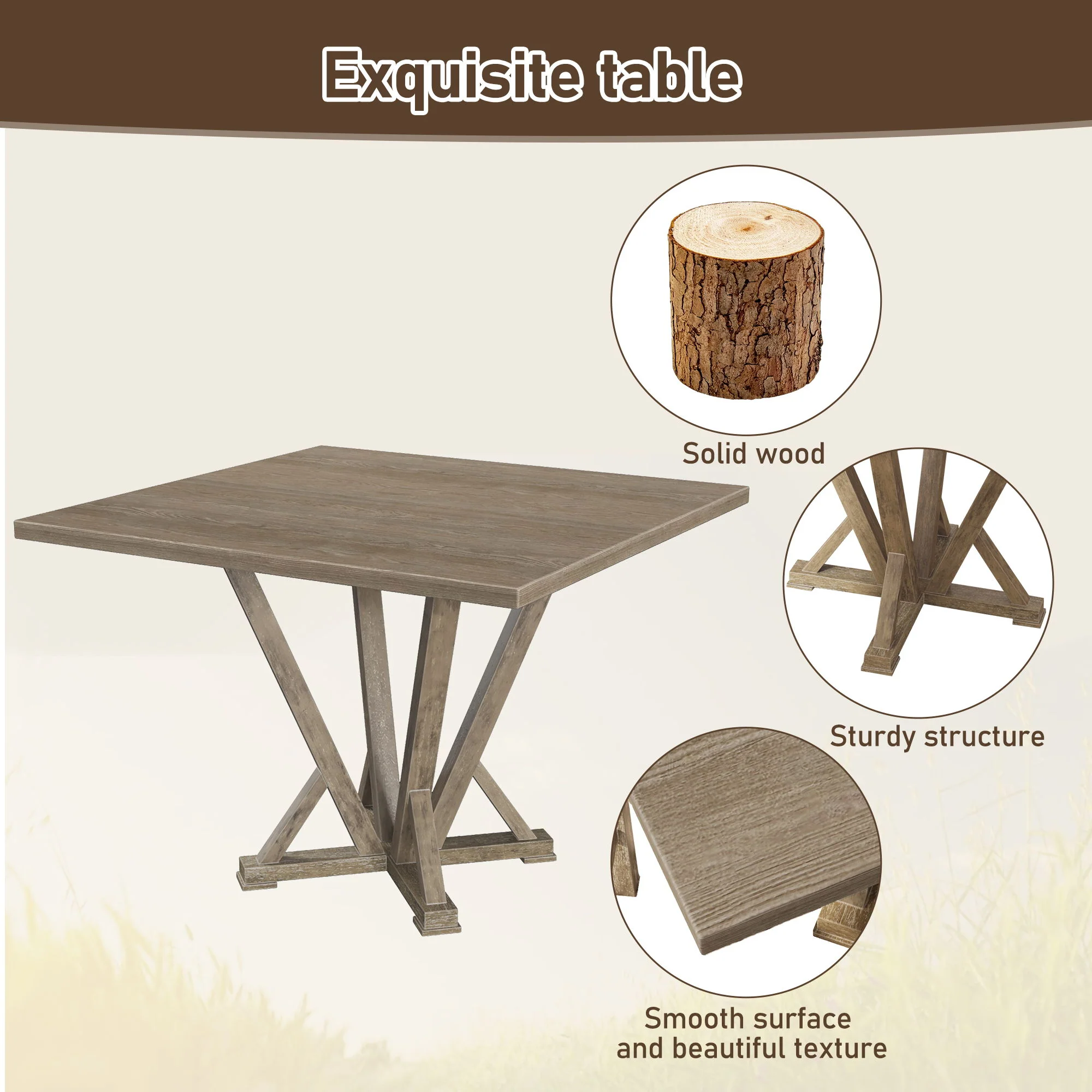 Modern Farmhouse Square Counter Table Solid Wood Rubberwood Antique Finishing Rustic Look Distressed Look Wire Brushed For 4 Seaters - Grayish Brown - Image 5