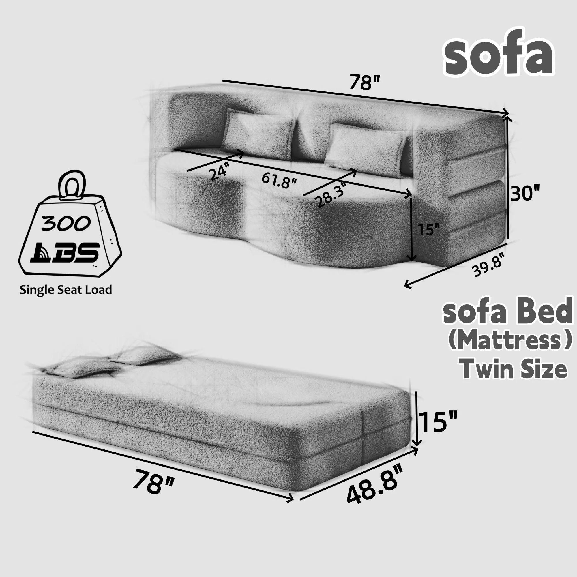 Modern Floor Sleeper Sofa Bed With 2 Pillows, Convertible Twin Size Folding Mattress For Living Room - Image 11