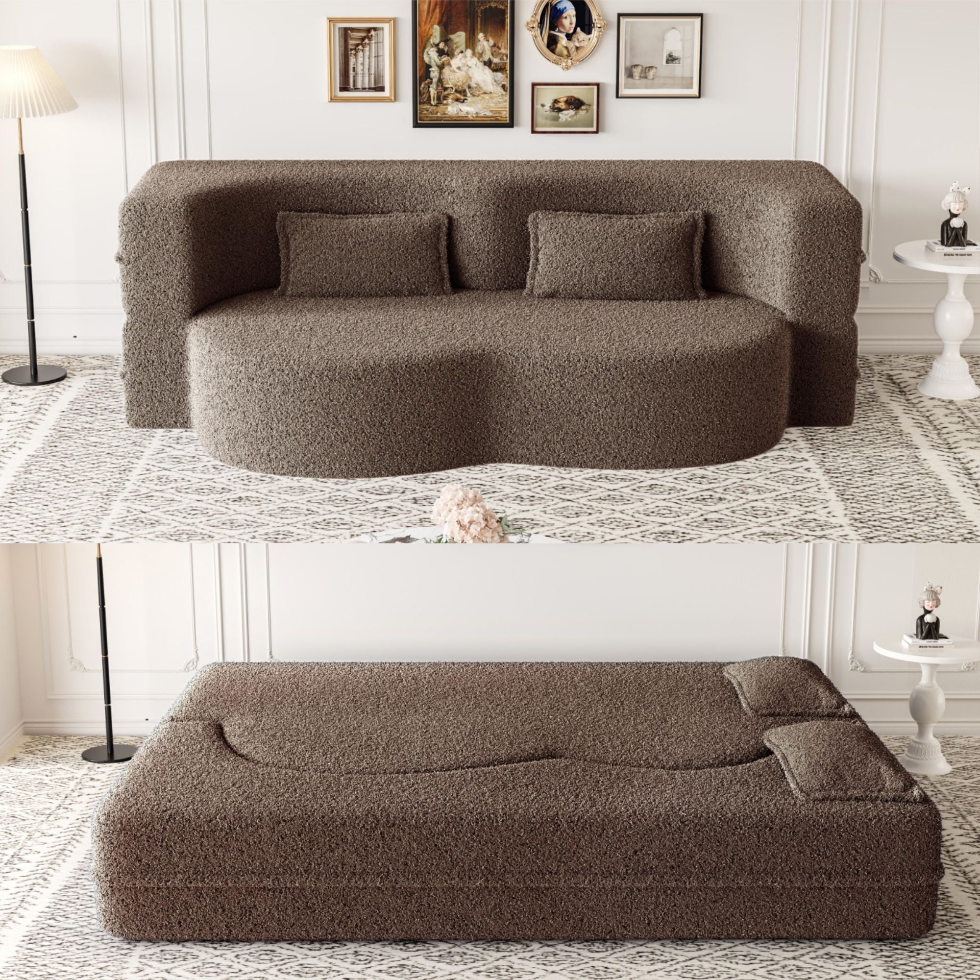 Modern Floor Sofa, With 2 Pillows, Convertible Teddy Fabric Foam Filled Bed - Image 17